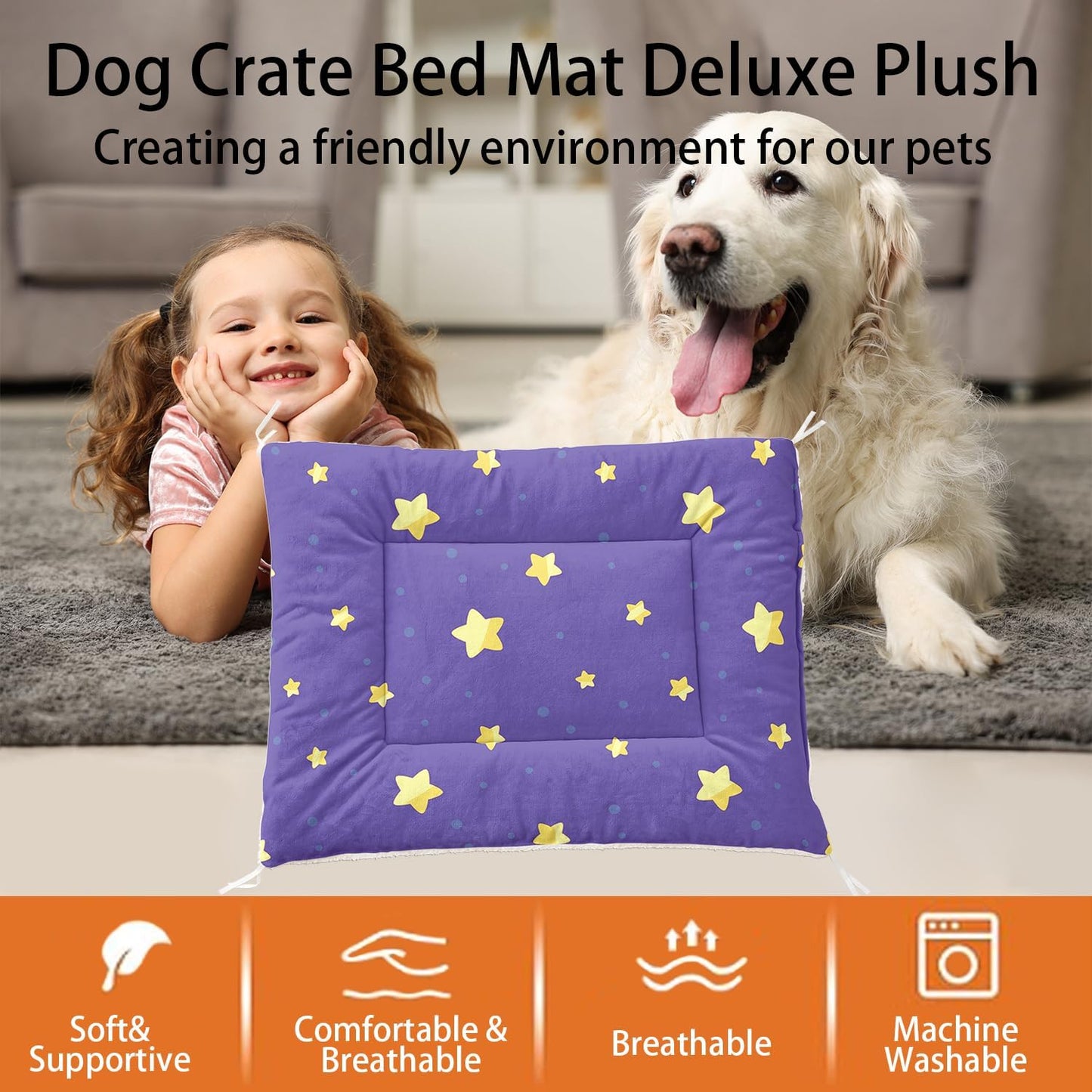 Star Orthopedic Dog Bed Mat (41"X31"),Purple Comfortable Pet Dog Cat Kennel Pad,Printing Washable Crate Bed,Sleeping Mat for Small Medium Large Dogs Cats,for Proof Pad Crate,Outdoor,Home Use