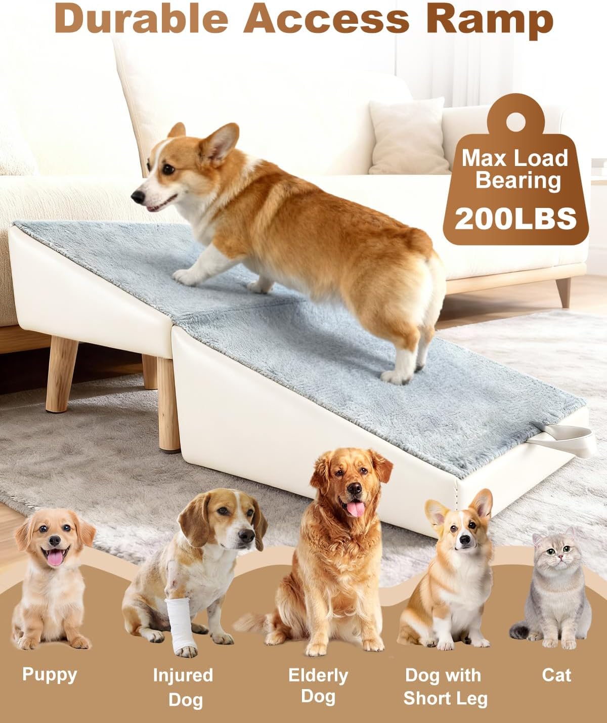 Dog Ramp for Couch Sofa and Low Bed, 15.7" W Foldable 2-in-1 Pet Steps & Ottoman, Non-Slip Wooden Pet Stairs for Small Senior Injured Dogs & Cats
