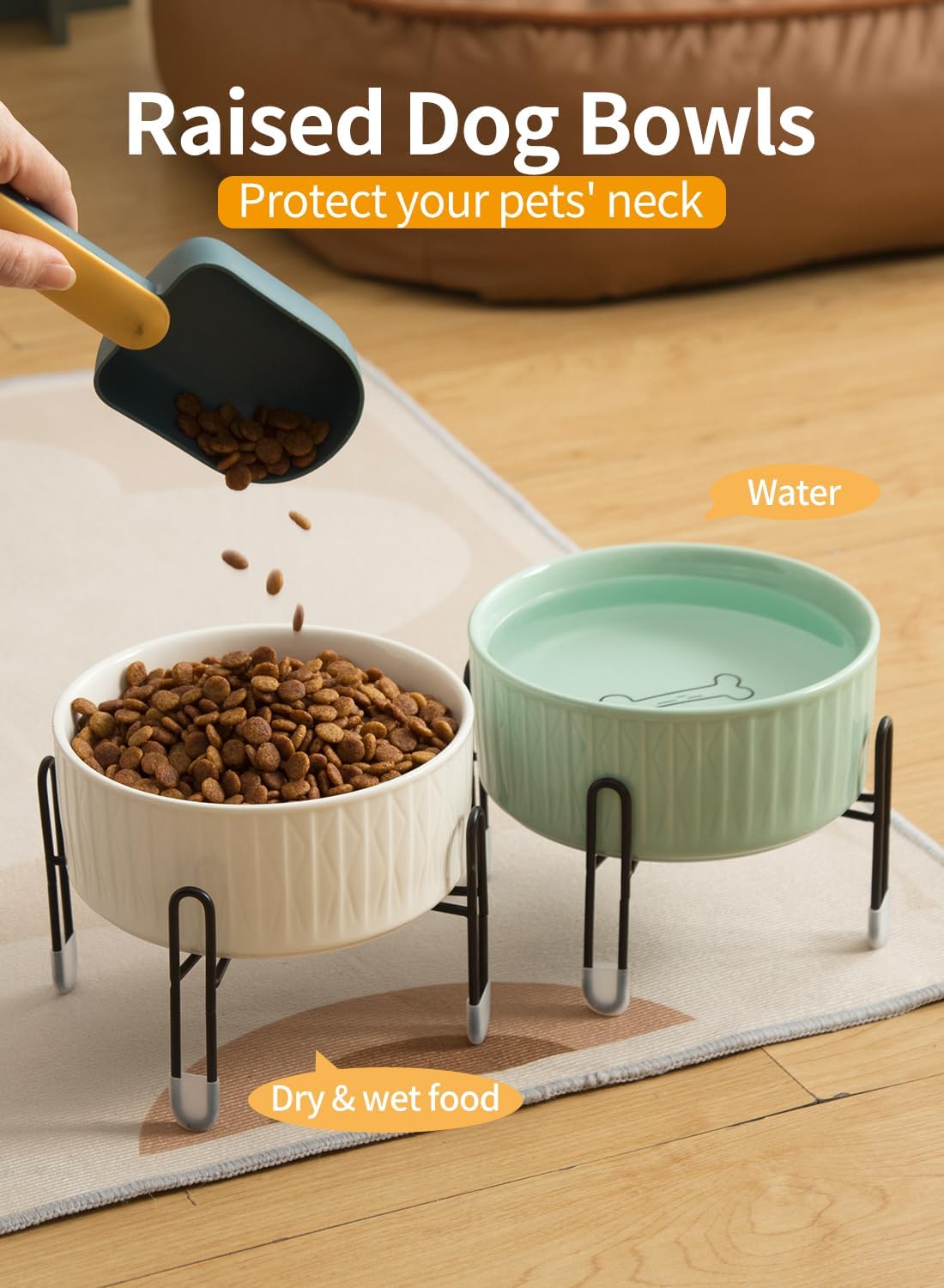 TAMAYKIM 32 oz Ceramic Dog Cat Bowl with Separate Elevated Metal Stand, 3 Adjustable Height 4 Cups Porcelain Pet Feeder Food & Water Bowls Set Non-Slip for Big Cats, Small Medium Dogs, White & Green
