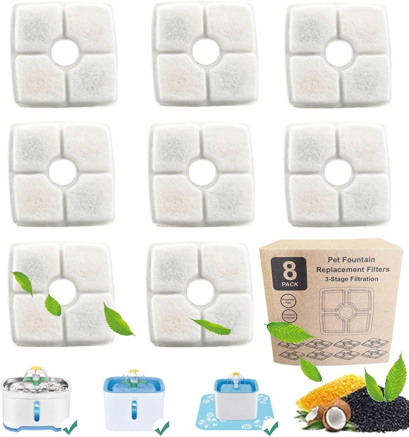8-Pack Replacement Filters for Cat Fountain, Upgraded Version Triple Filtration System Pet Cat Fountain Filter Replacement for 84oz/2.5L Square Automatic Pet Water Fountain