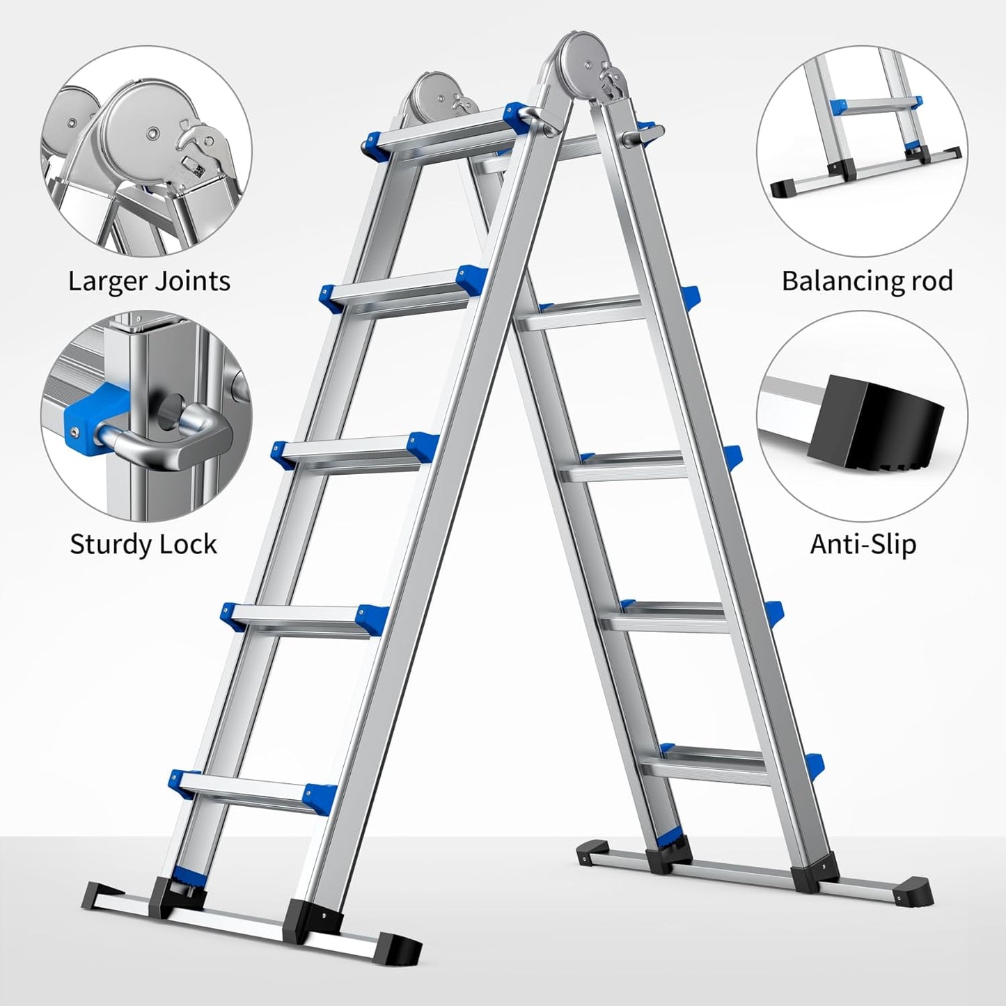 13.5FT Aluminum Foldabl Extension Ladder - Heavy-Duty A-Frame Adjustable Design for Home & Work, 330lbs Capacity, Retractable System with Safety Lock