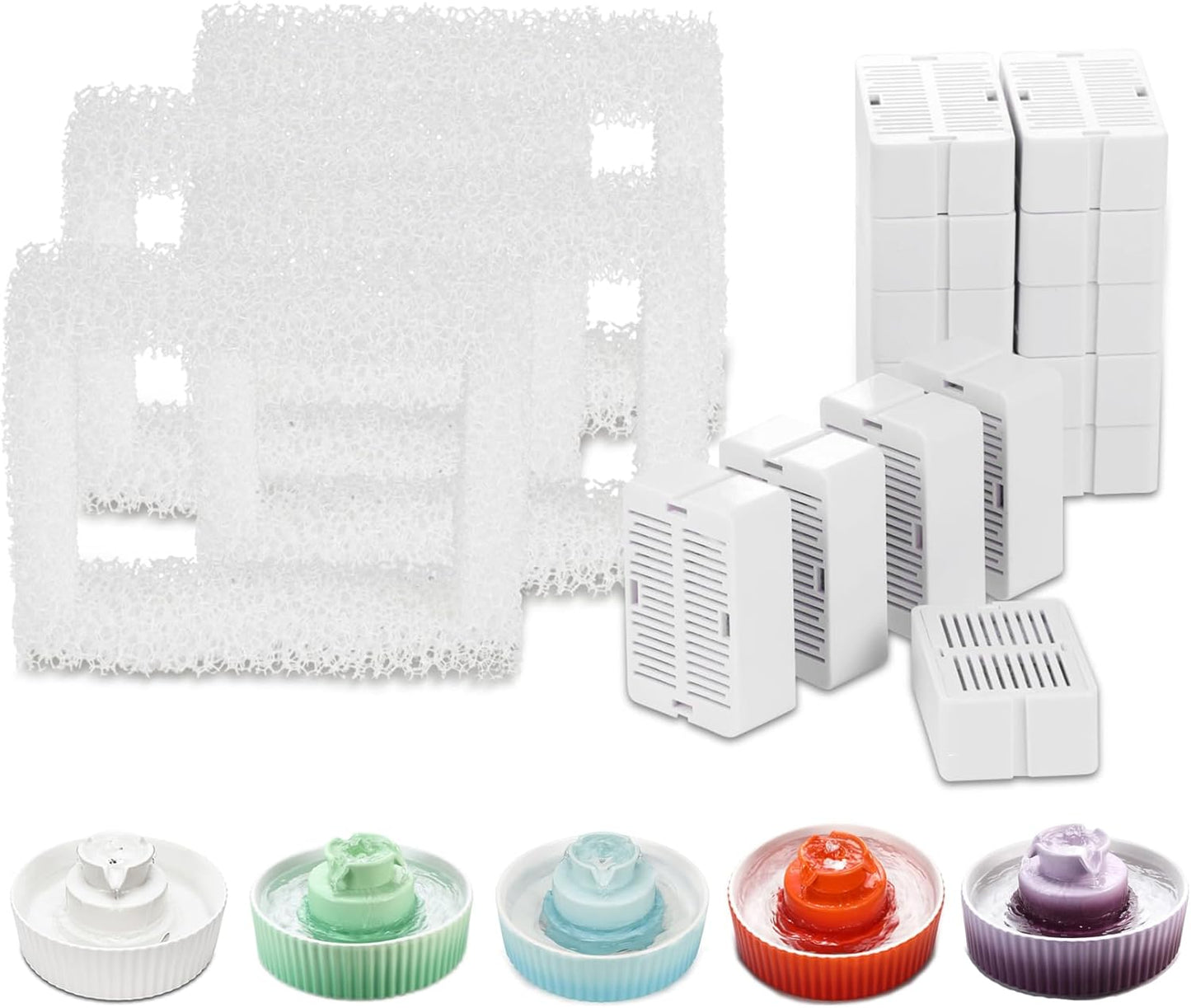 Wonder Creature 16 Packs Cat Fountain Filter for Aurora, Cupcake and 360° Stainless Steel Cat Water Fountain, 16 Carbon Filters & 4 Pre-Filter Sponges, Ceramic Pet Water Dispenser Filters Pack