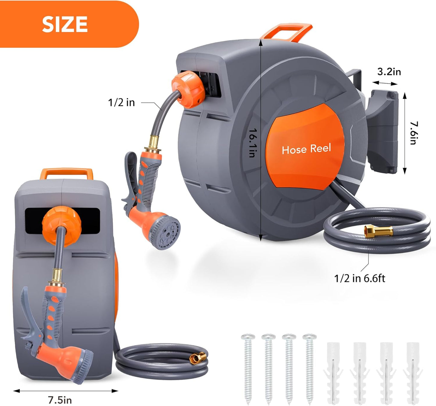 GAOMON Retractable Garden Hose Reel - 1/2 in x 100 ft, Wall Mounted, 9-Function Sprayer, Any Length Lock, 180° Swivel, Automatic Rewind & Slow Return System