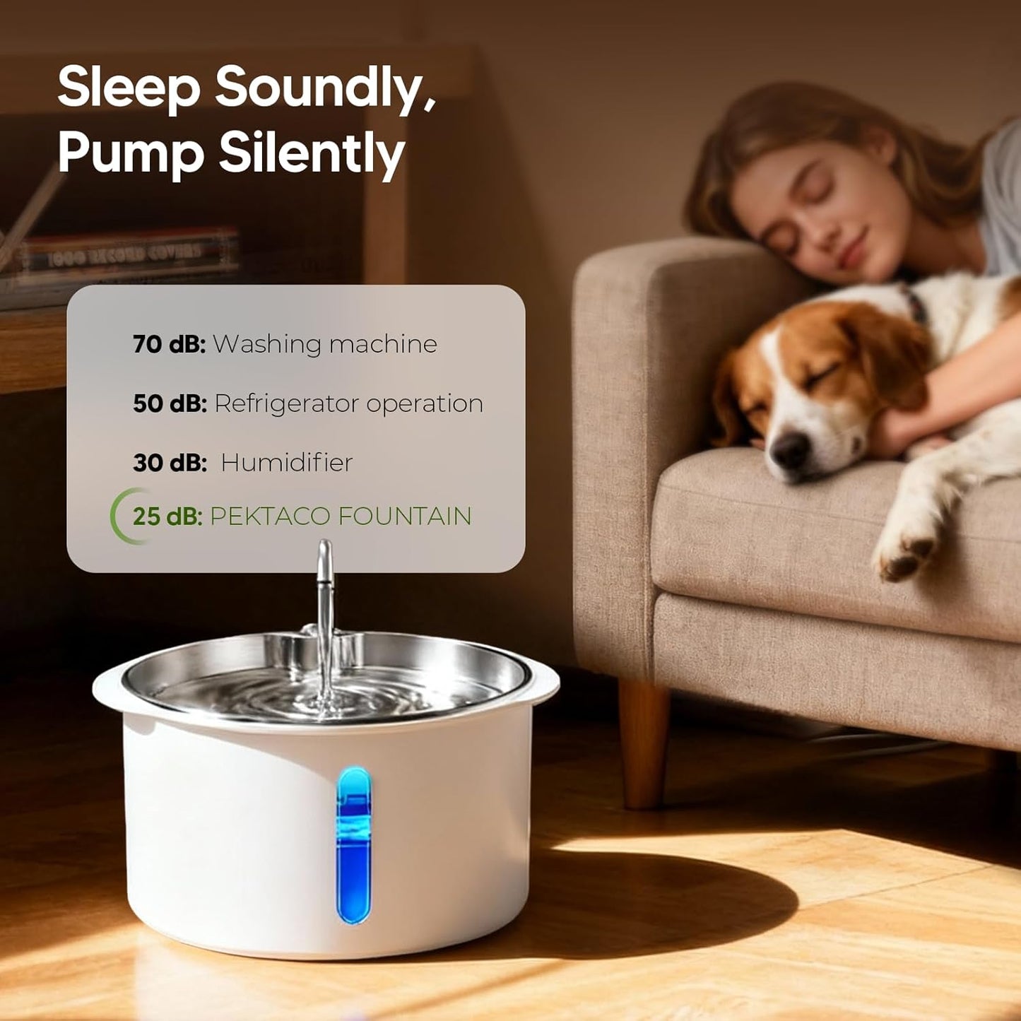 Pektaco Dog Water Fountain for Large Dogs, 1.8Gal/7L Pet Water Fountain, Dog Water Bowl Dispenser with Viewing Window & LED, Super Quiet, Stainless Steel Tray Easy Clean BPA-Free(with 1 Filters)