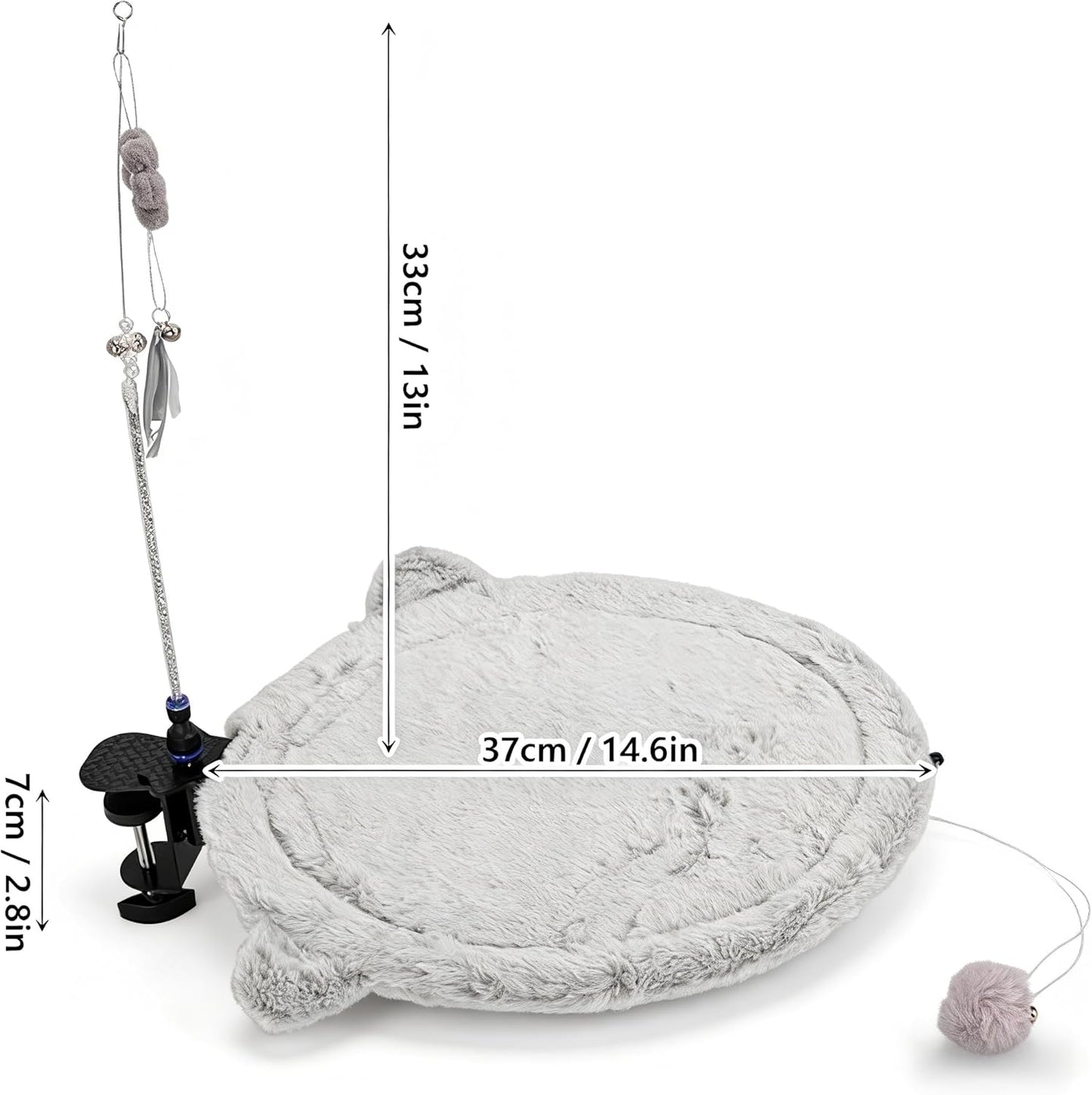 Plush Round Desk Mounted Cat Bed with Interactive Toys – Clamp-On Cat Hammock for Desk, Adjustable Elevated Cat Bed for Desk Supports up to 25 lbs.