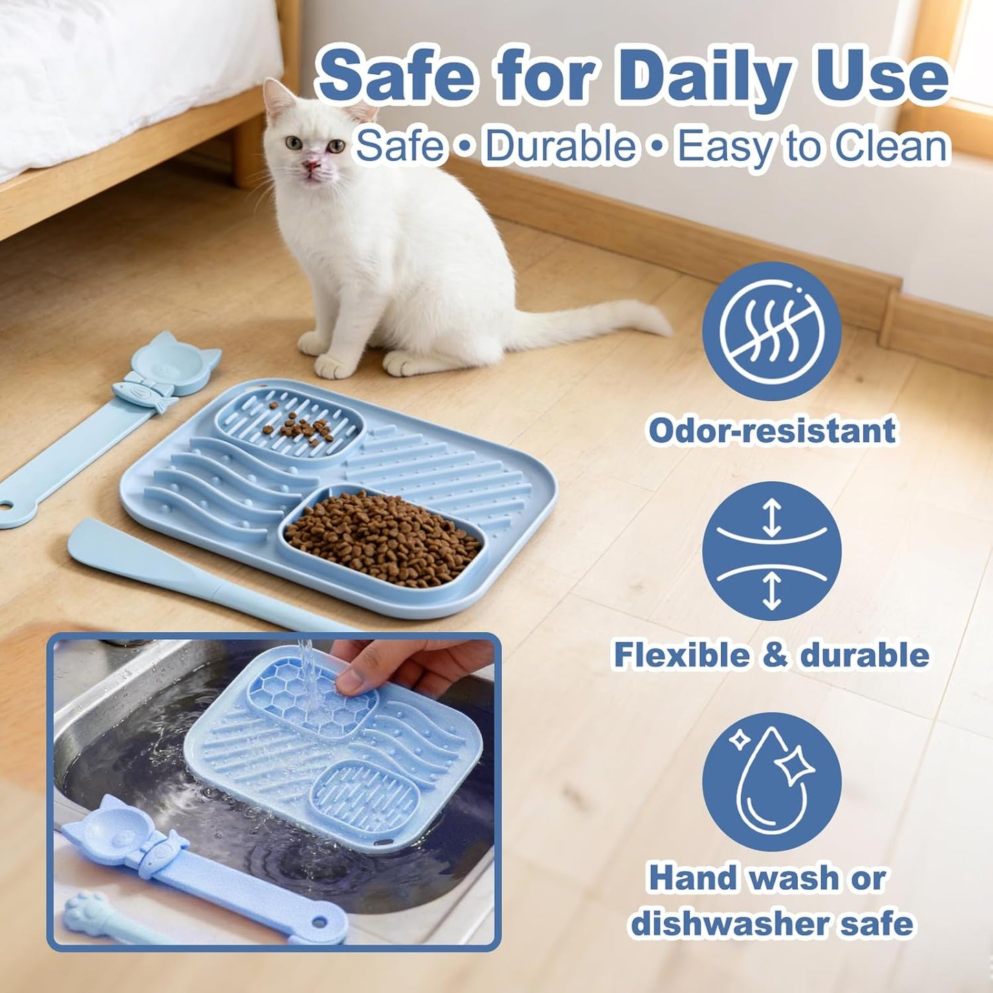 AZY 3-Piece Slow Feeder cat Bowl and Lick Mat Set – Silicone Cat Treat Spoon, Feeding Mat for Wet Food, Enrichment and Slow Eating (Blue)