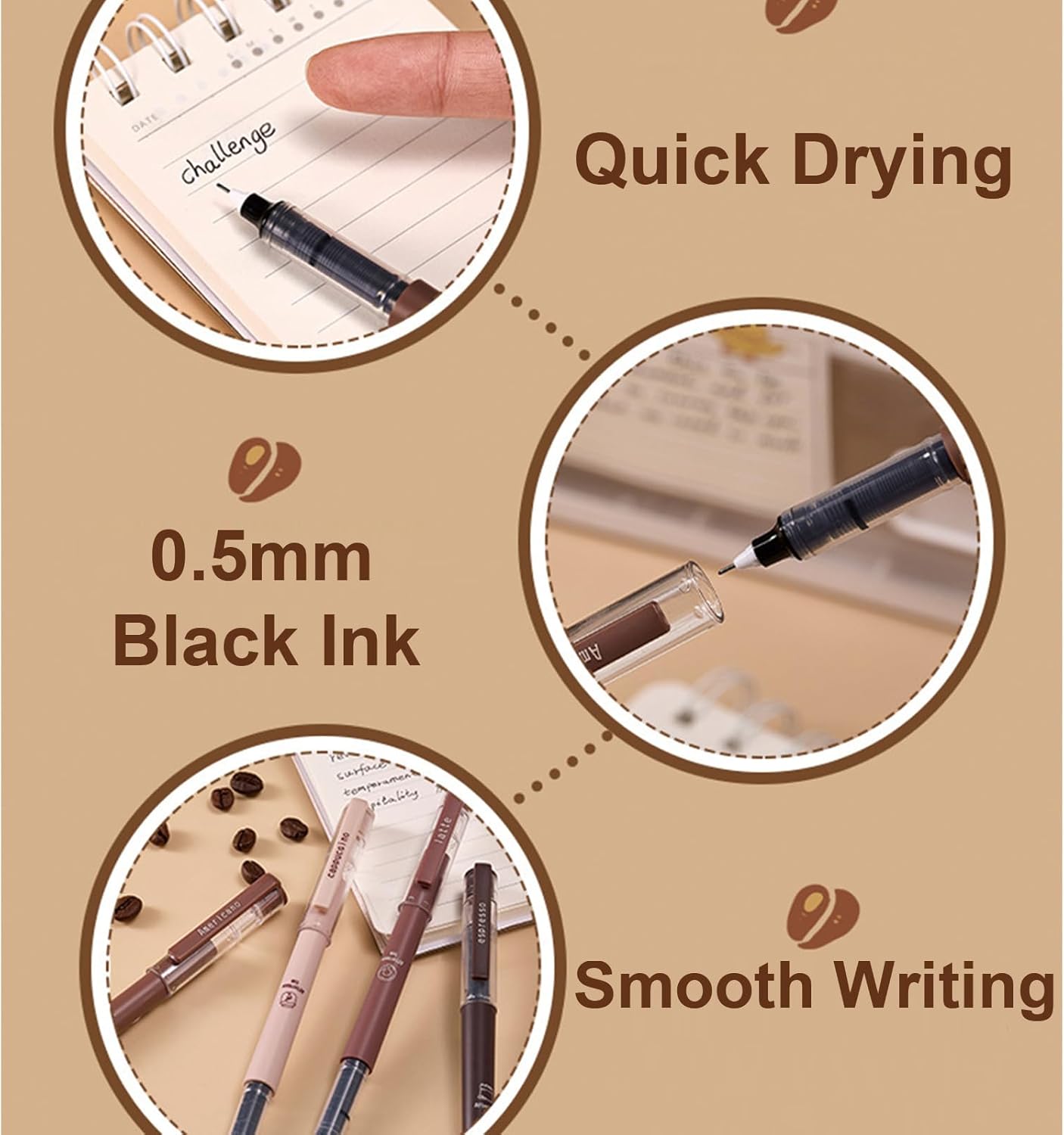 6 Pcs Rolling Ball Pens Cute Coffee Liquid Ink Rollerball Pens Cartoon 0.5 mm Black Ink Pen Quick Drying Smooth Writing Pen Office School Supplies (Coffee)
