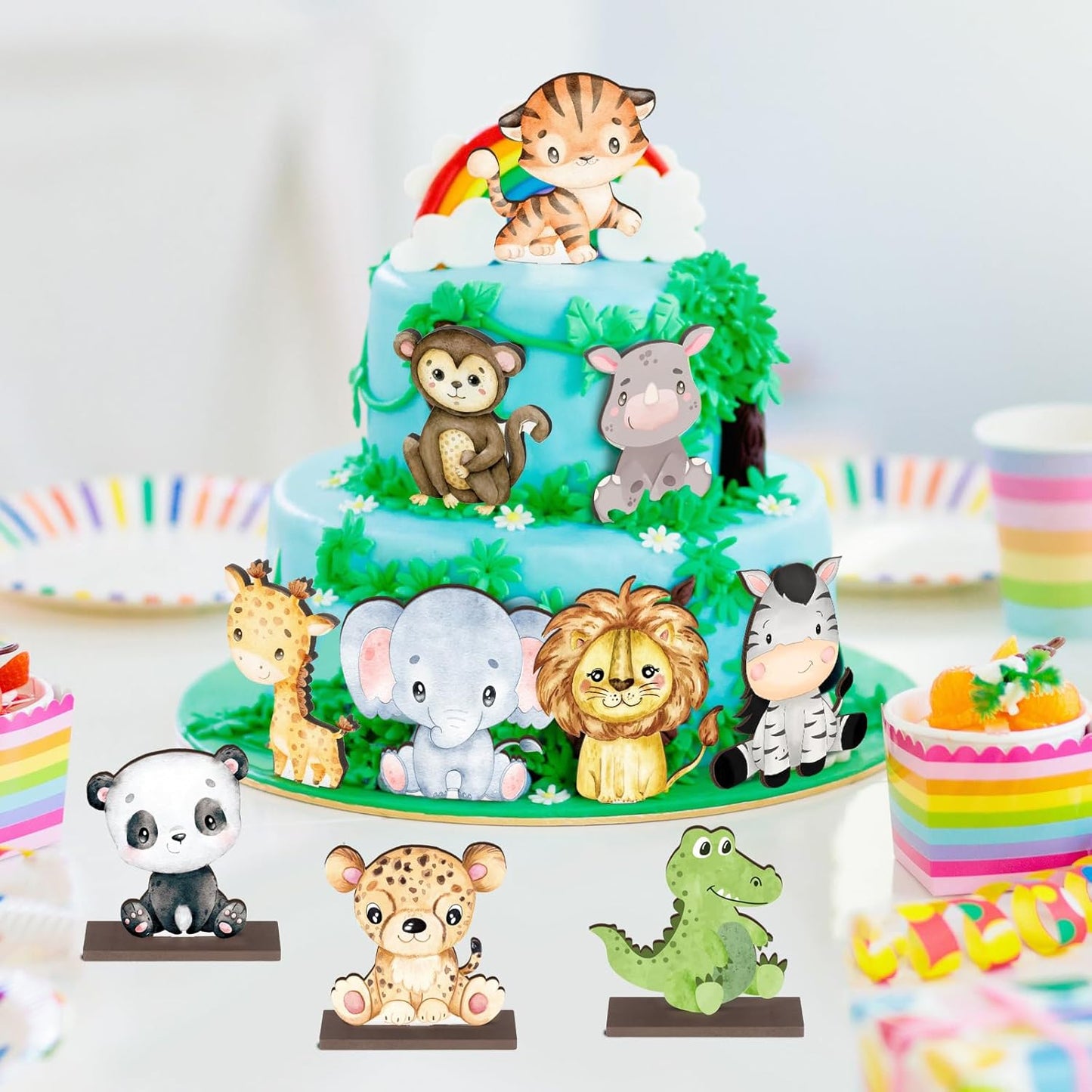 Yaomiao 12 Pcs Safari Jungle Animal Wooden Table Centerpiece Cutout Shapes Forest Painted Baby Shower Decorations Wild Creatures Wood Table Sign for Forest Camp Birthday Party Supplies