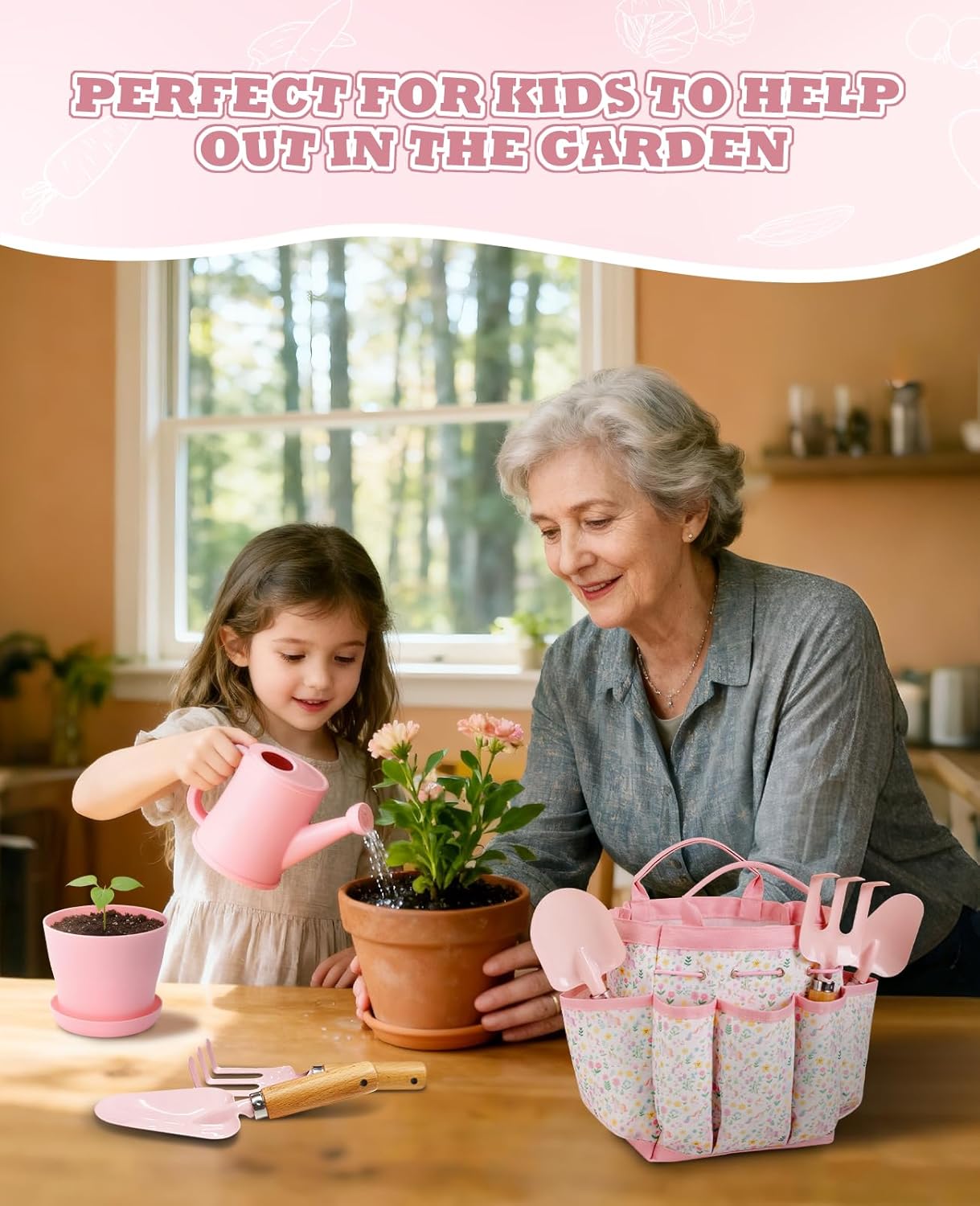 Kids Gardening Set, Gardening Tools Kit for Kids and Toddler, Includes Wooden Rake, Two Shovels, Gloves, Watering Can, Apron, and Tote Bag, Outdoor Toys for Girl Boy, Pink