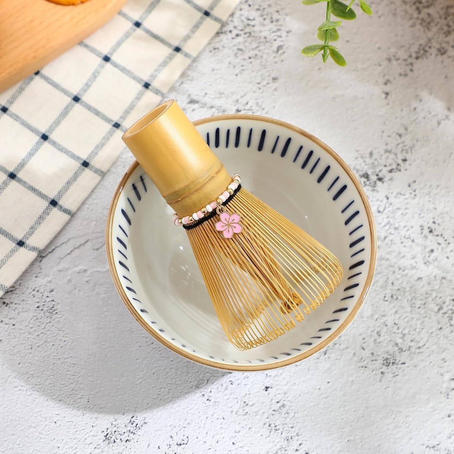 Cunno 4 Pcs Matcha Chasen Charm Decorative Chain Set with Cherry Blossom Charm Elastic Rope for Bamboo Matcha Whisk Tea Accessories Tea Party Decor Birthday Gift