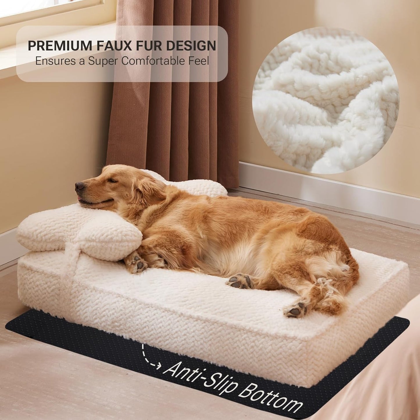Soft Touch Faux Fur Dog Bed for Medium to Large Sized Dogs 8.5" Extra Thick, Orthopedic Pet Bed with Waterproof Liner and Washable Cover, with Removable Cute Pillow, Cream Color