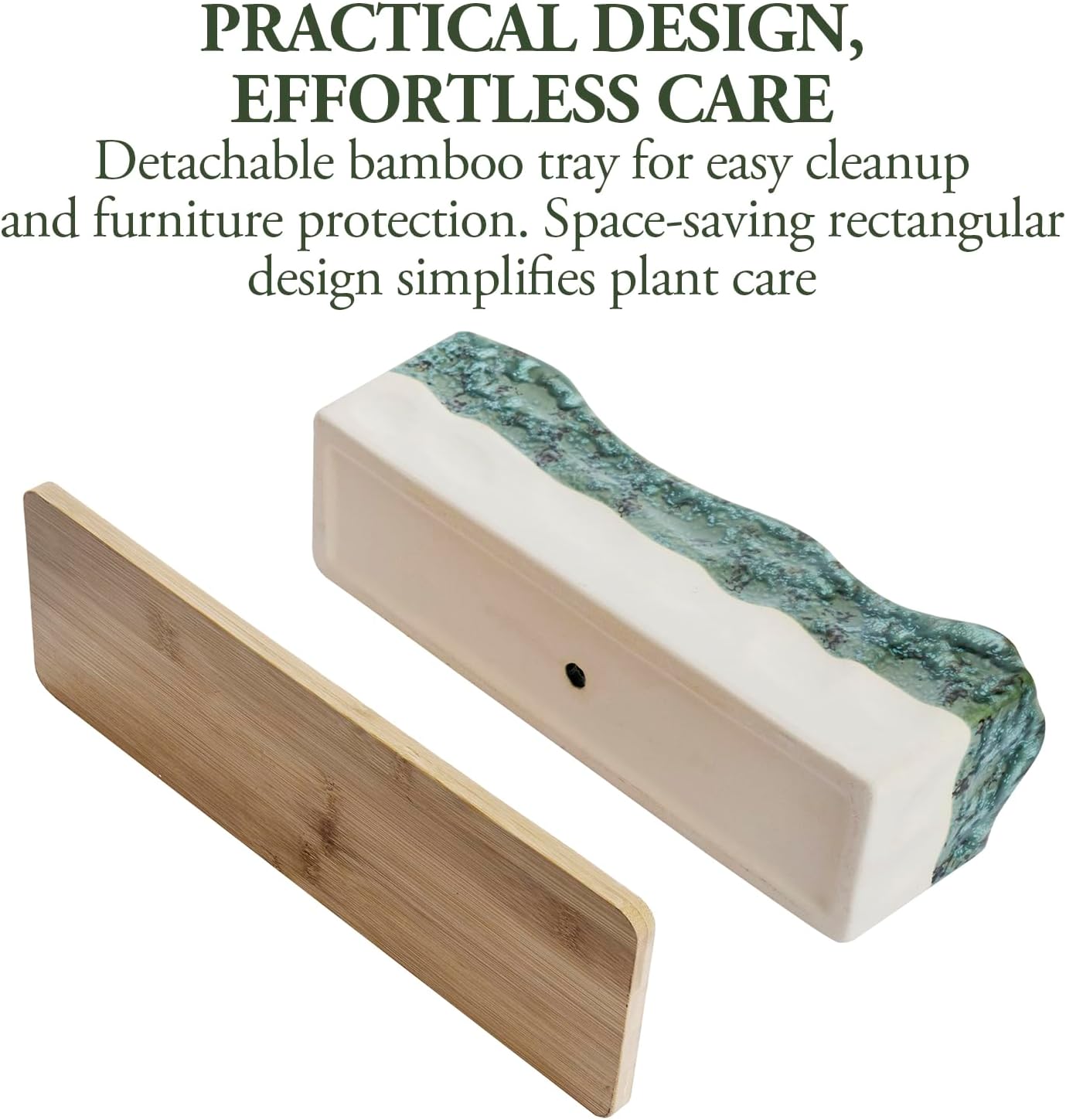 MyGift 13 Inch Large Rectangular Succulent Planter, Decorative Seafoam Green Glazed Beige Ceramic Indoor Plant Container Pot with Removable Bamboo Tray
