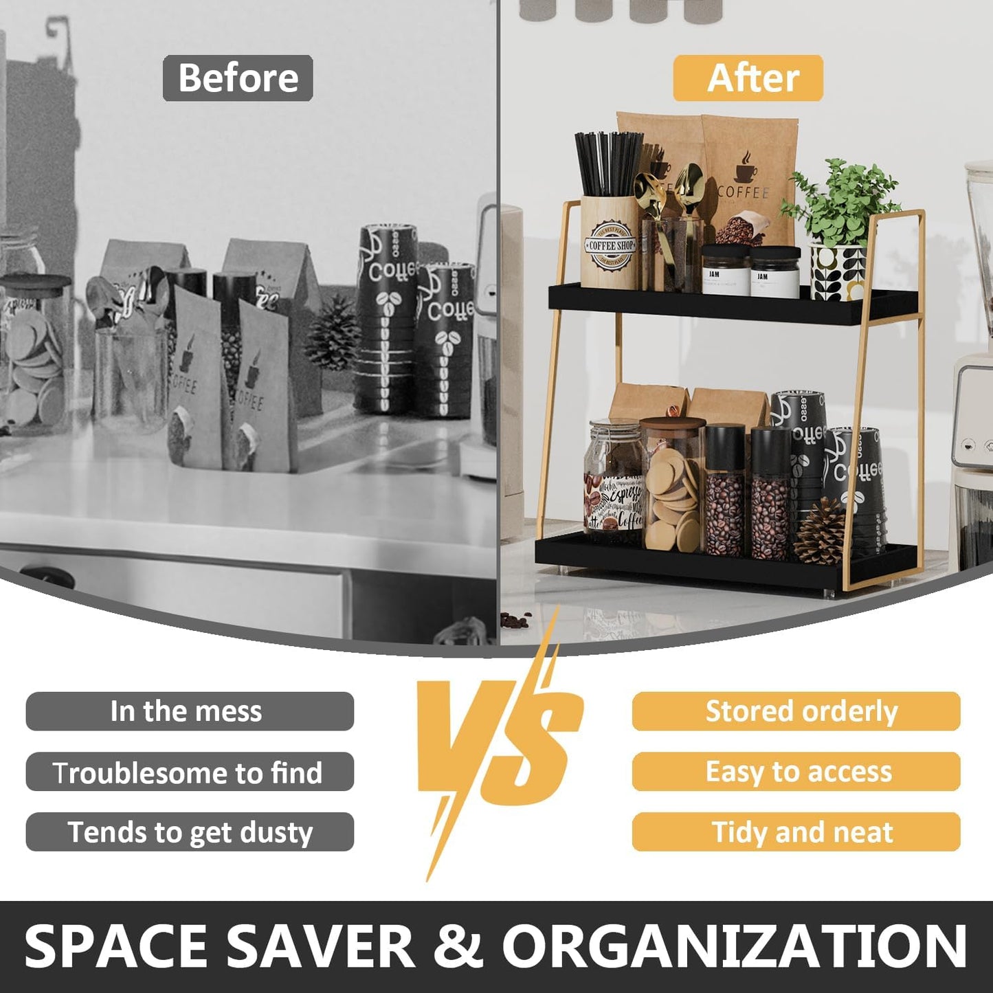 Coffee Bar Accessories, Black Gold Coffee Station Organizer for Countertop Decor, 2 Tier Large Wooden CoffeeBar Shelf for Office, Breakroom, Bathroom
