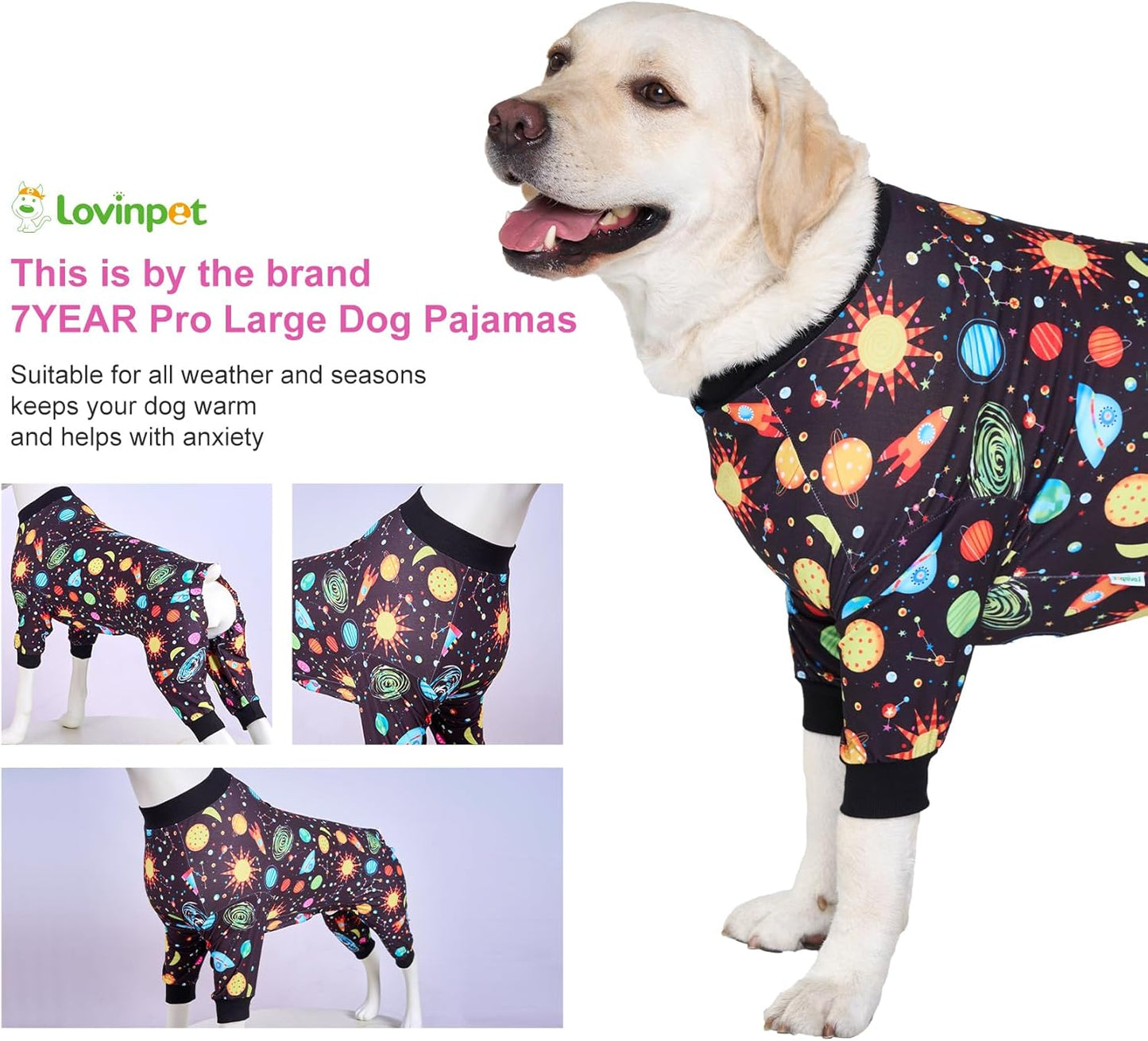 LovinPet Pajamas for Large Dogs, Big Dogs Onesies, Big Dog Pajamas, Post Surgery, Wound Care, Lightweight Stretchy Fabric, Interstellar Black Print, Dog Jumpsuit, Anti Licking, Pet PJ's, 2XL