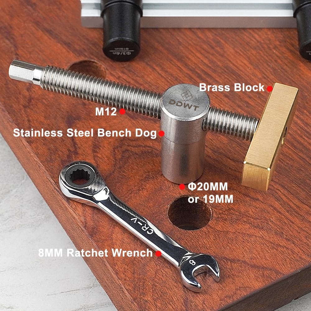 2 Pack Bench Dog Clamp 3/4 Inch Dog Hole Clamp Woodworking Adjustable Workbench Stop Stainless Steel Brass (19mm)