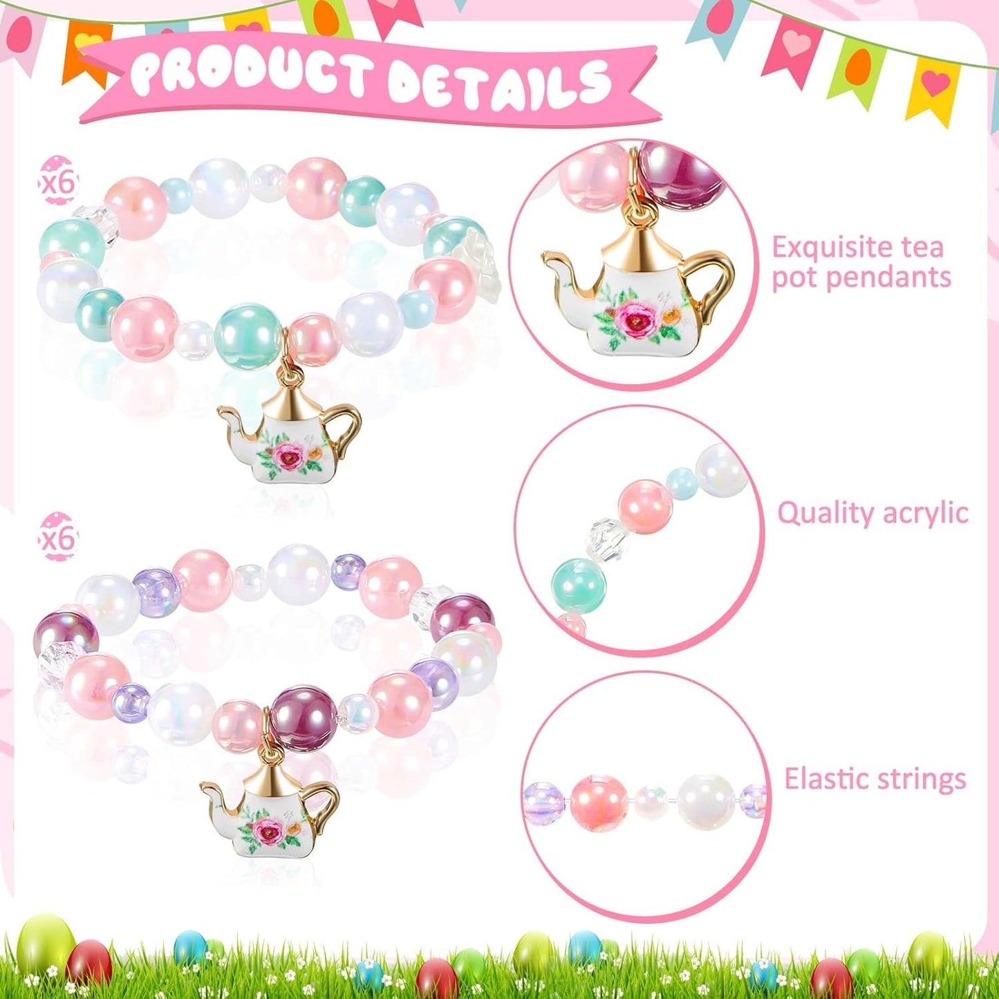 Ecally 12 Pcs Tea Party Favors Bracelet Bulk Tea Pot Beaded Easter Bracelet Party Supplies Pendant Accessories Princess Decorations for Kids Girl