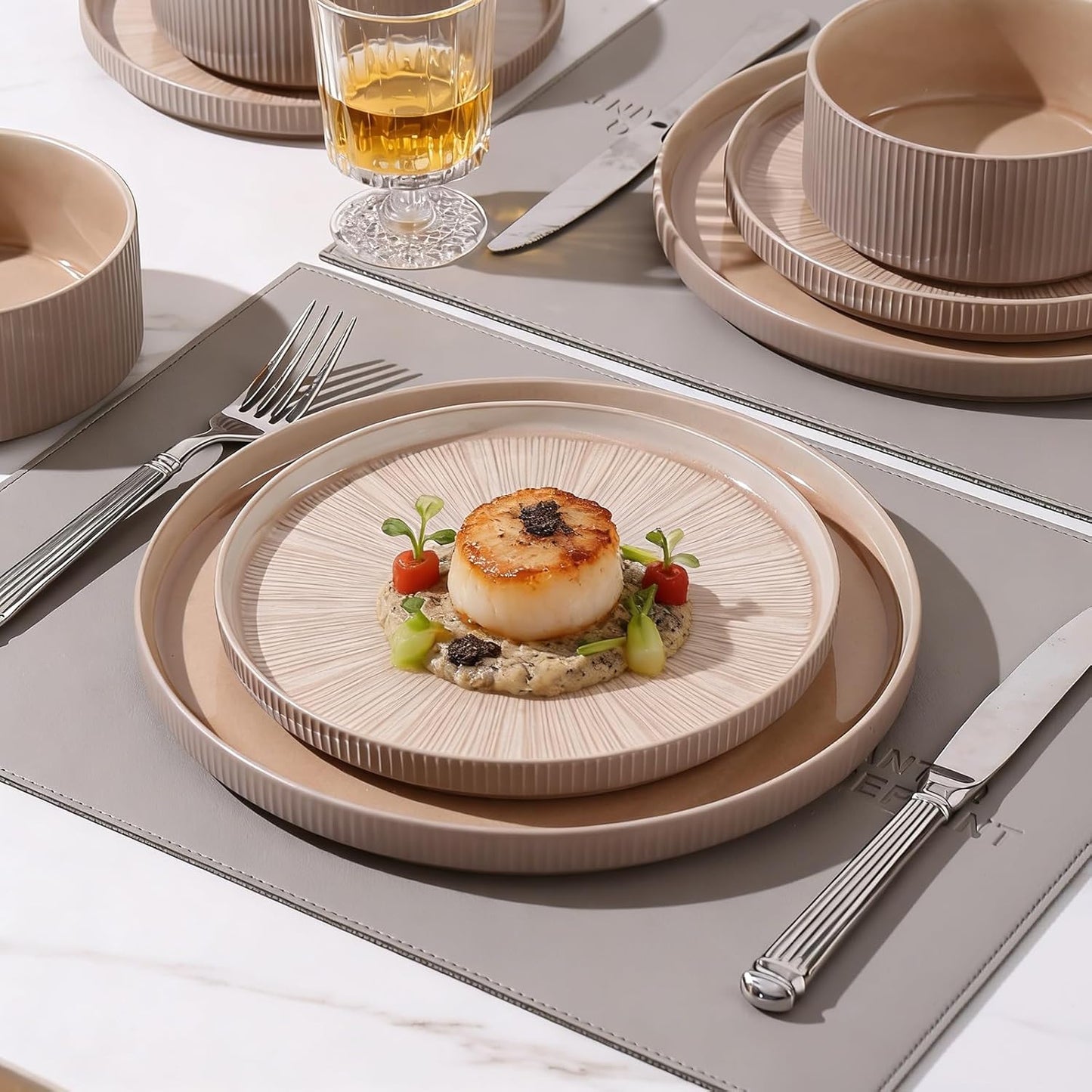 Dinnerware Sets for 4, Ceramic Plates and Bowls Set 12 Piece Dinnerware Chip Resistant Stoneware, Dishwasher and Microwave Safe-Brown