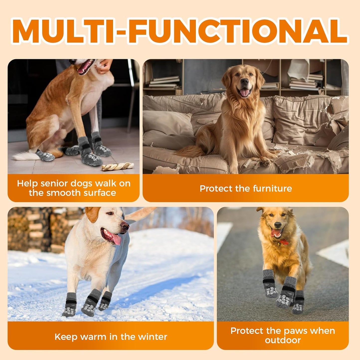 Anti-Slip Dog Socks Prevent Licking Paws,Dog Socks with Grippers for Senior Dogs Walk on Hardwood Floor,Dog Grippers with Strong Traction,Dog Essentials,Grey 2 Pairs,S