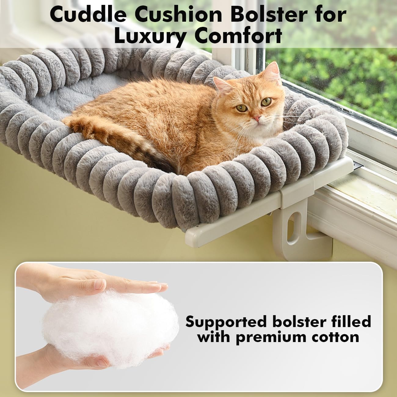 Cloud-Cuddle Cat Window Perch with 4-Sided Bolster, Zipper Design Cushion Window Seat for Window Sill, Sturdy Metal Frame & Easy Assembly Pet Hammock Bed for Indoor Cats (Gray, Medium)
