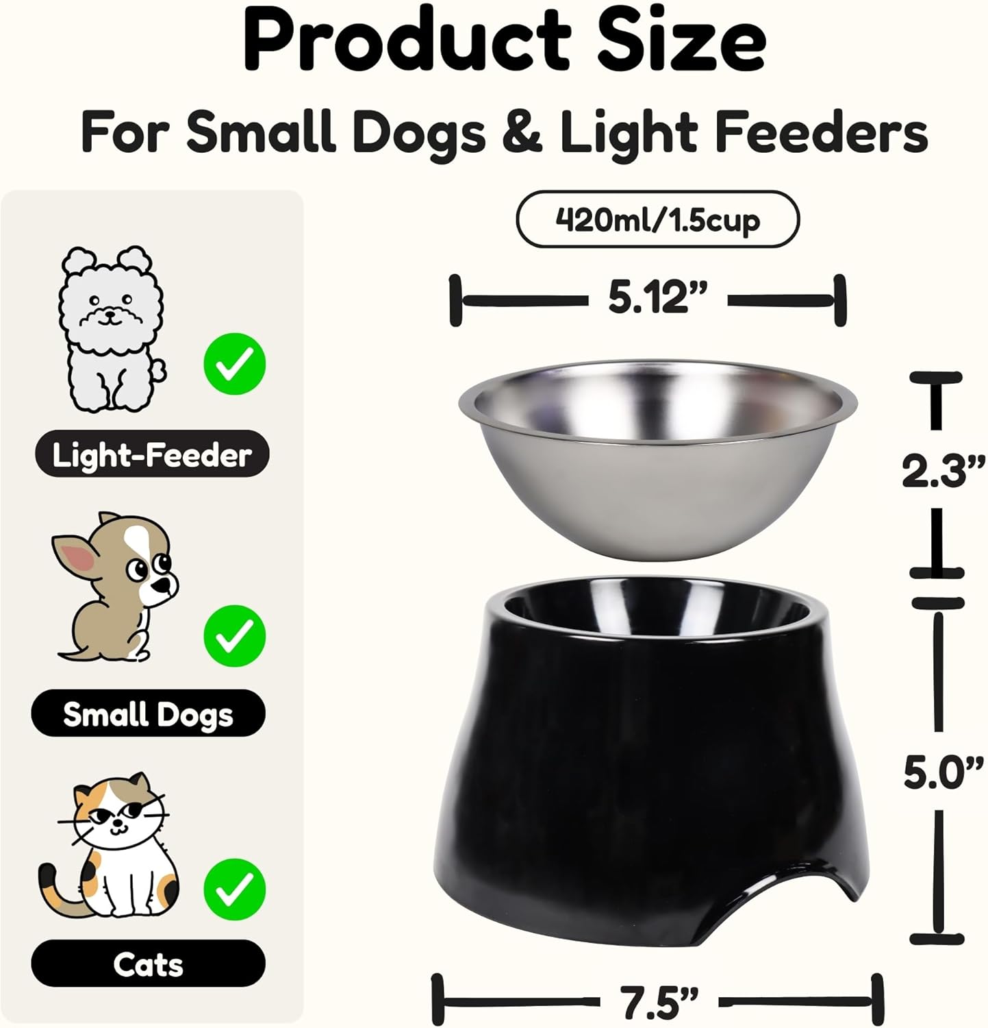 Elevated Spaniel Dog Bowl, Melamine Raised Dog Food Bowl for Long-Eared Dogs, Raised Dog Bowls for Small & Medium Dogs, Stainless Steel Inner Bowl, Non-Slip Base (Black, M (420 ML / 1.5 Cups))