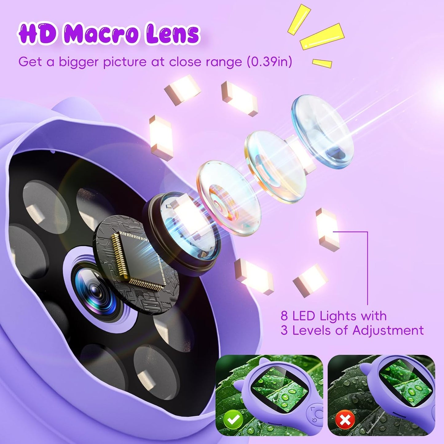 Microscope for Kids - Mini Pocket Handheld Microscope for Toddlers-STEM Educational Science Kit Toys for Spring Outdoor Easter Birthday Gifts Toys for 5 6 7 8 9 10 11 12 Year Old Girls（Purple）