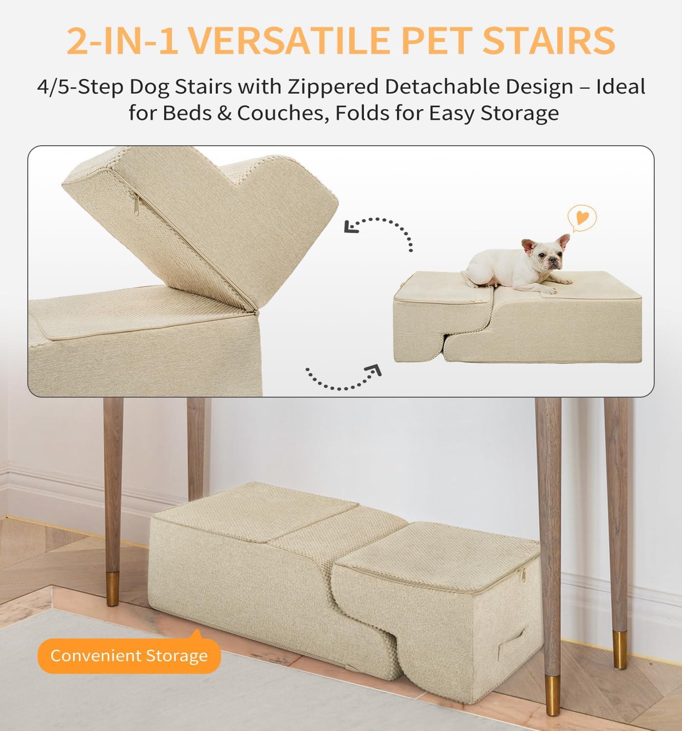 Made4Pets Dog Stairs Ramp for Small Dogs 15.7" H, 3-Step Dog Steps for Bed Couch Sofa and Chair, 35D Foam Pet Steps for Small Dogs and Cats, Non-Slip Bottom Pet Stairs, Beige