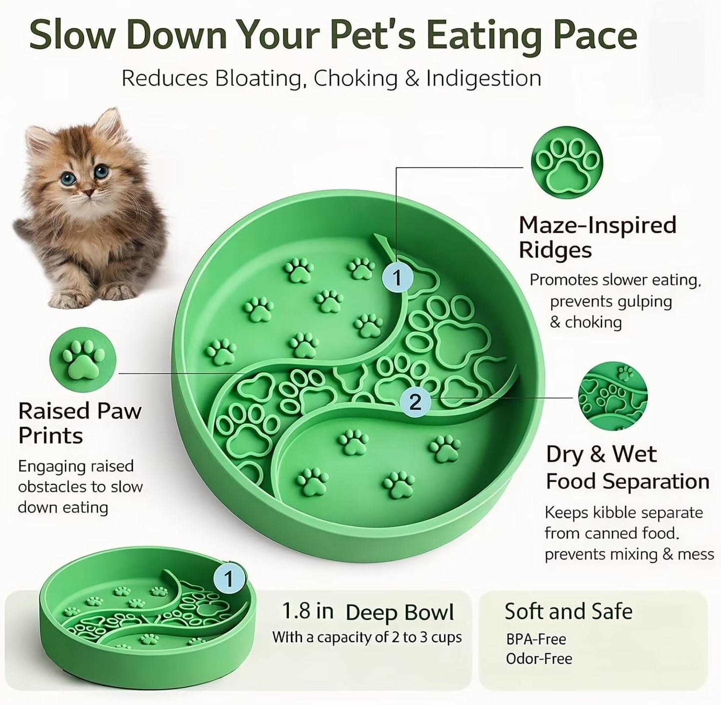 2026 New Silicone Slow Feeder Pet Bowl – 1.8 in Deep Slow-Eat Dog & Cat Bowl with Strong Suction Base, Dry & Wet Food Separation, 2–3 Cups Capacity, Easy Clean Non-Slip Design,BPA-Free