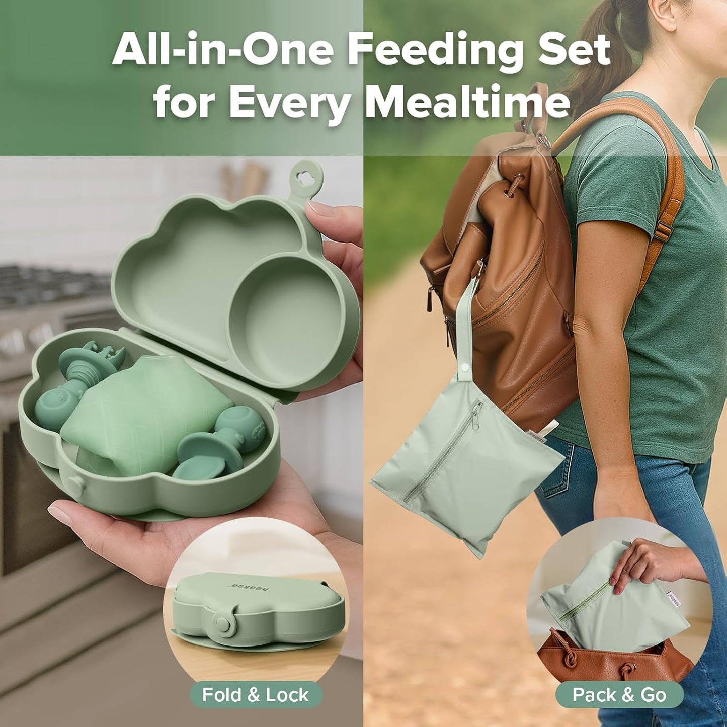 haakaa Cloud Crew Silicone Travel Baby Feeding Set with Foldable Suction Baby Plate, Silicone Bib, Baby Spoon and Fork, Waterproof Travel Bag, 6M+