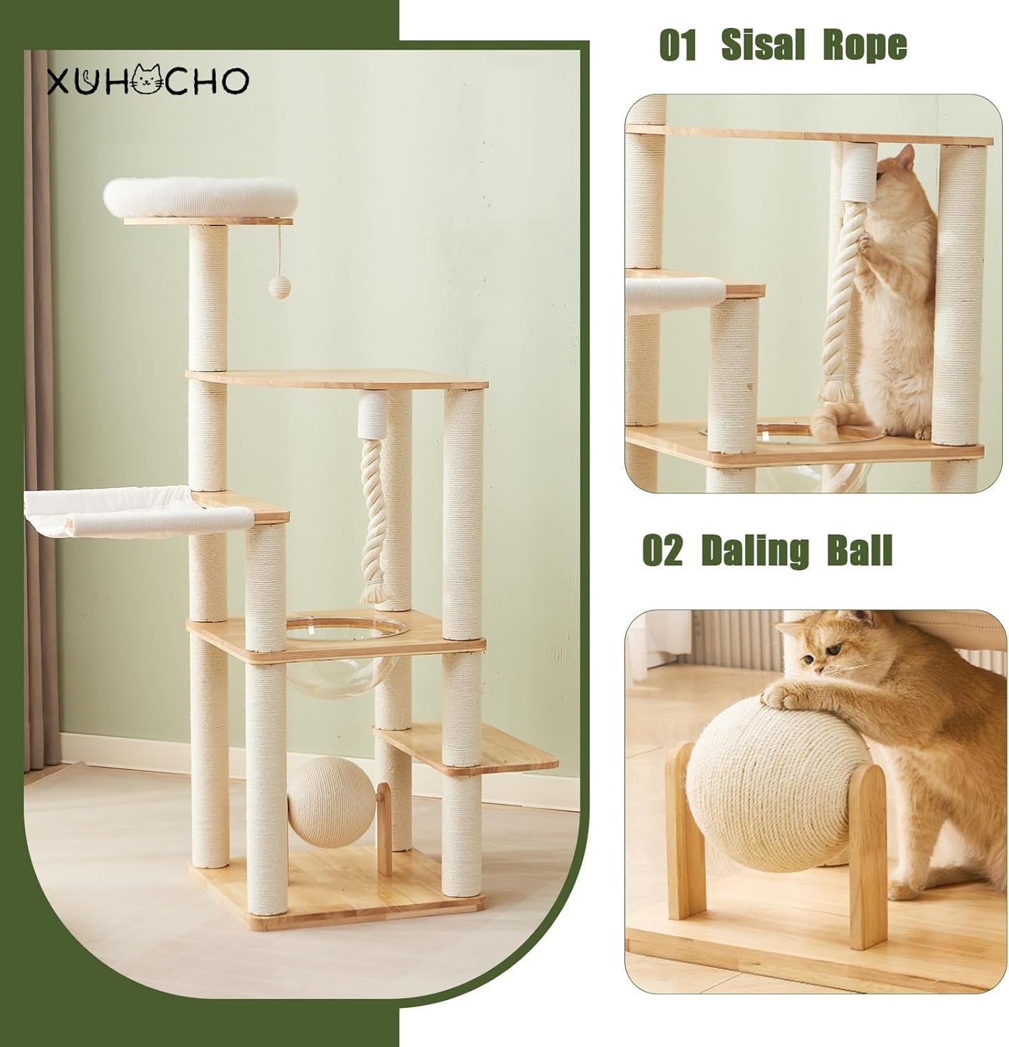 60-inch Modern Cat Tree,Solid Wood Cat Tower with Scratching Post, Hammock, Cotton Nest, Space Capsule, Cat Scratching Ball and Rope for Indoor Cats