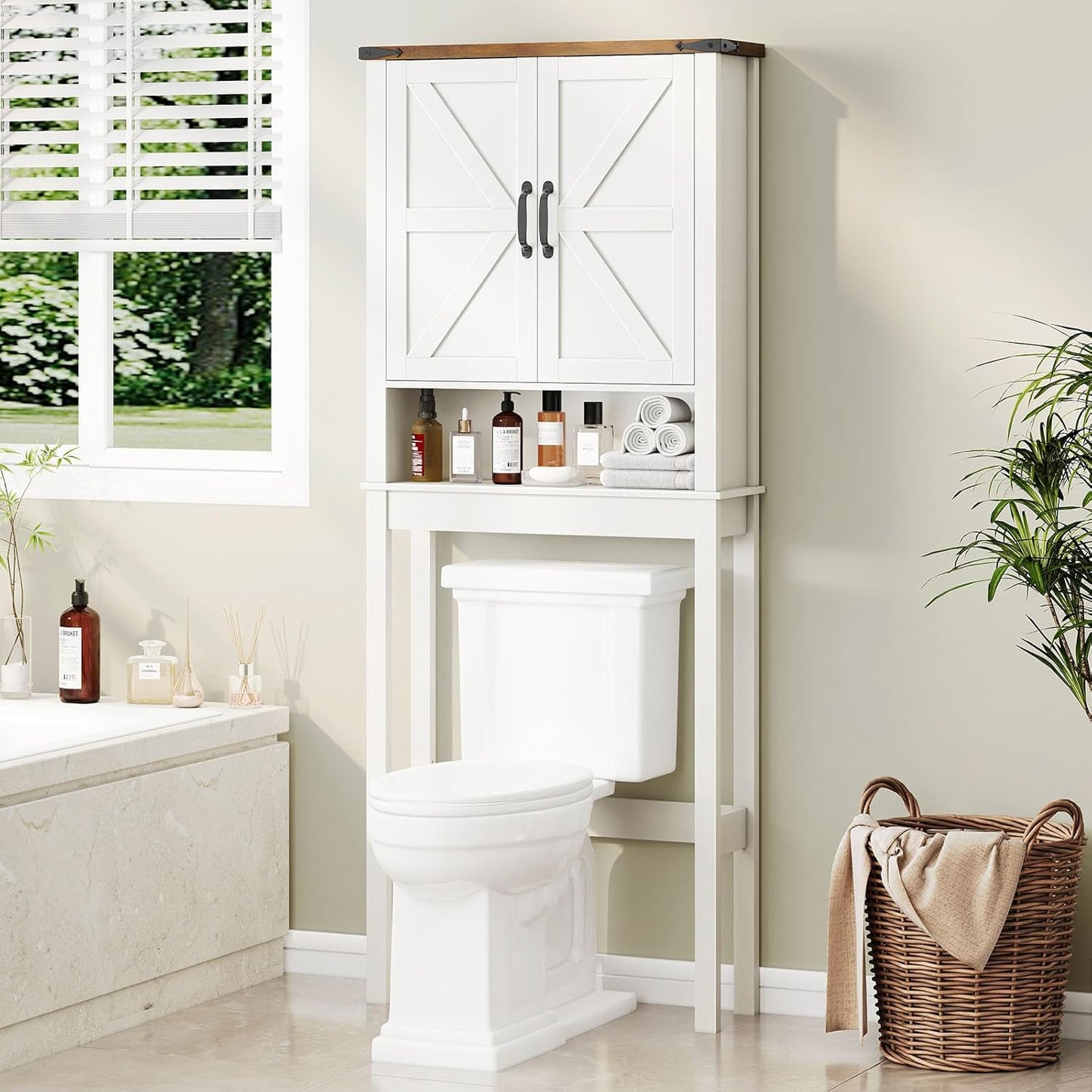 Over The Toilet Storage Cabinet, Farmhouse Over Toilet Bathroom Organizer with 2 Barn Doors, Narrow Above Toilet Storage Cabinet, Behind Toilet Bathroom Organizer (Rustic White)