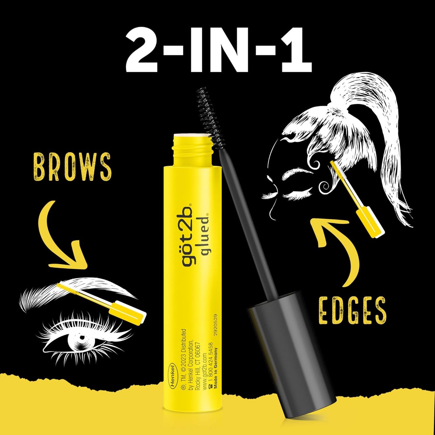 got2b Glued 2-in-1 Brow Gel & Edge Control, 0.54 Fl Oz, Strong Hold Styling Eyebrow Gel and Hair Mascara for Flyaways and Frizz with Castor Oil, Sweat-Resistant with Quick Dry, Clear Finish