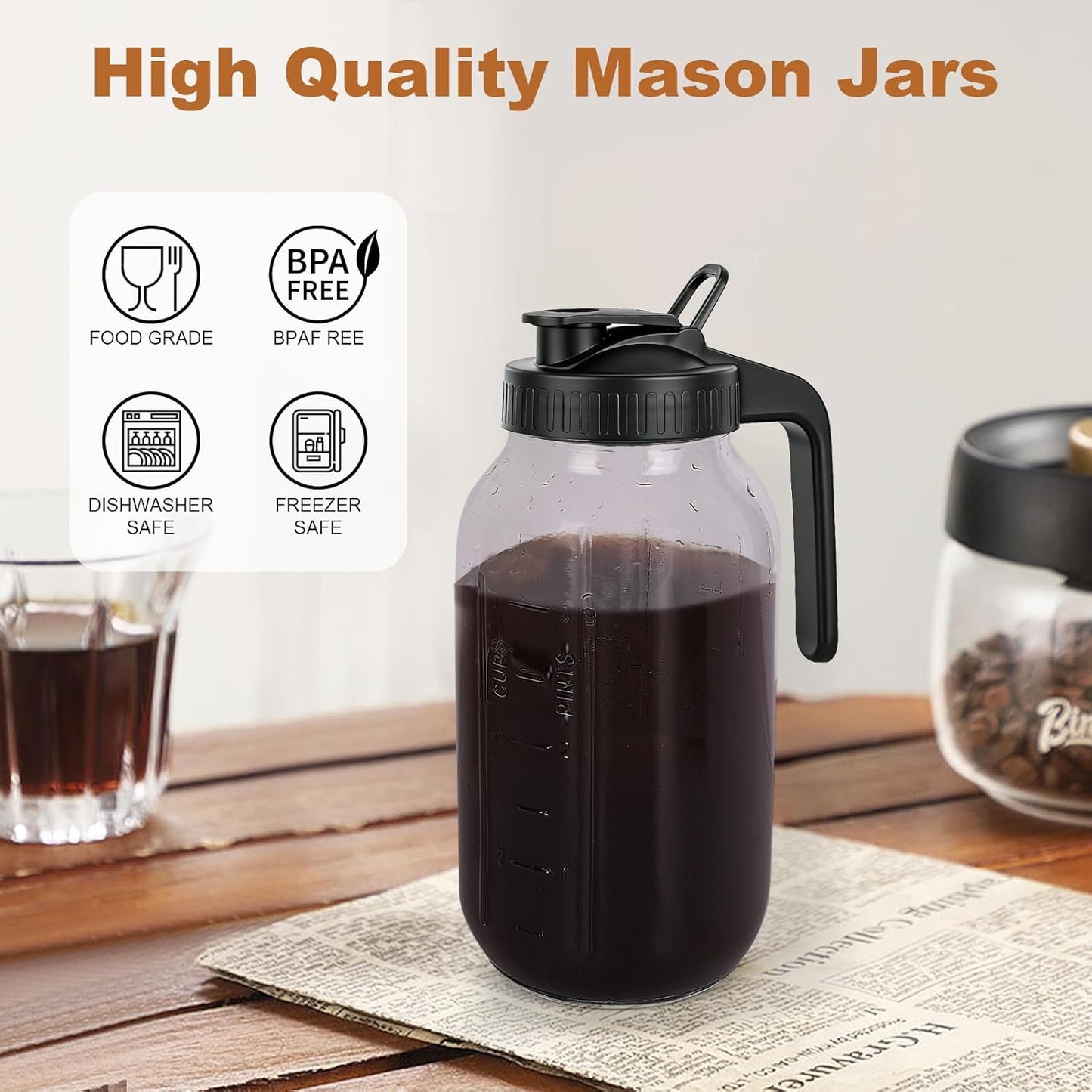 Cold Brew Coffee Maker,64 oz Mason Jar Pitcher with Stainless Steel Filter, Pour Spout Handle Lid, Heavy Duty Glass Airtight & Leak-Proof for Iced Coffee,Tea & Lemonade