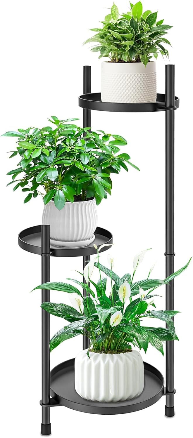 3-Tier Metal Plant Stand for Indoor & Outdoor, Heavy Duty Corner Flower Shelf Display Rack for Living Room Balcony Patio Garden Bedroom Classroom Black (Black-B)