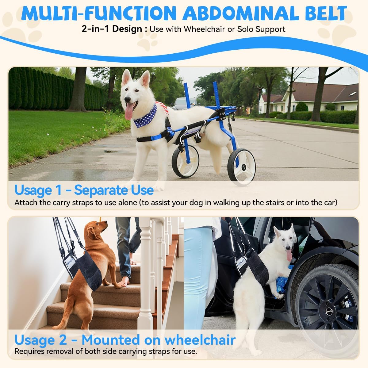 Dog Wheelchair for Back Legs Large, Heavy Duty Wheelchair for Dogs, Adjustable Dog Carts with Wheels for Disabled Hind Legs, Solid Metal, 77lb Capacity, with Protection Pads, Sling Lift - Blue