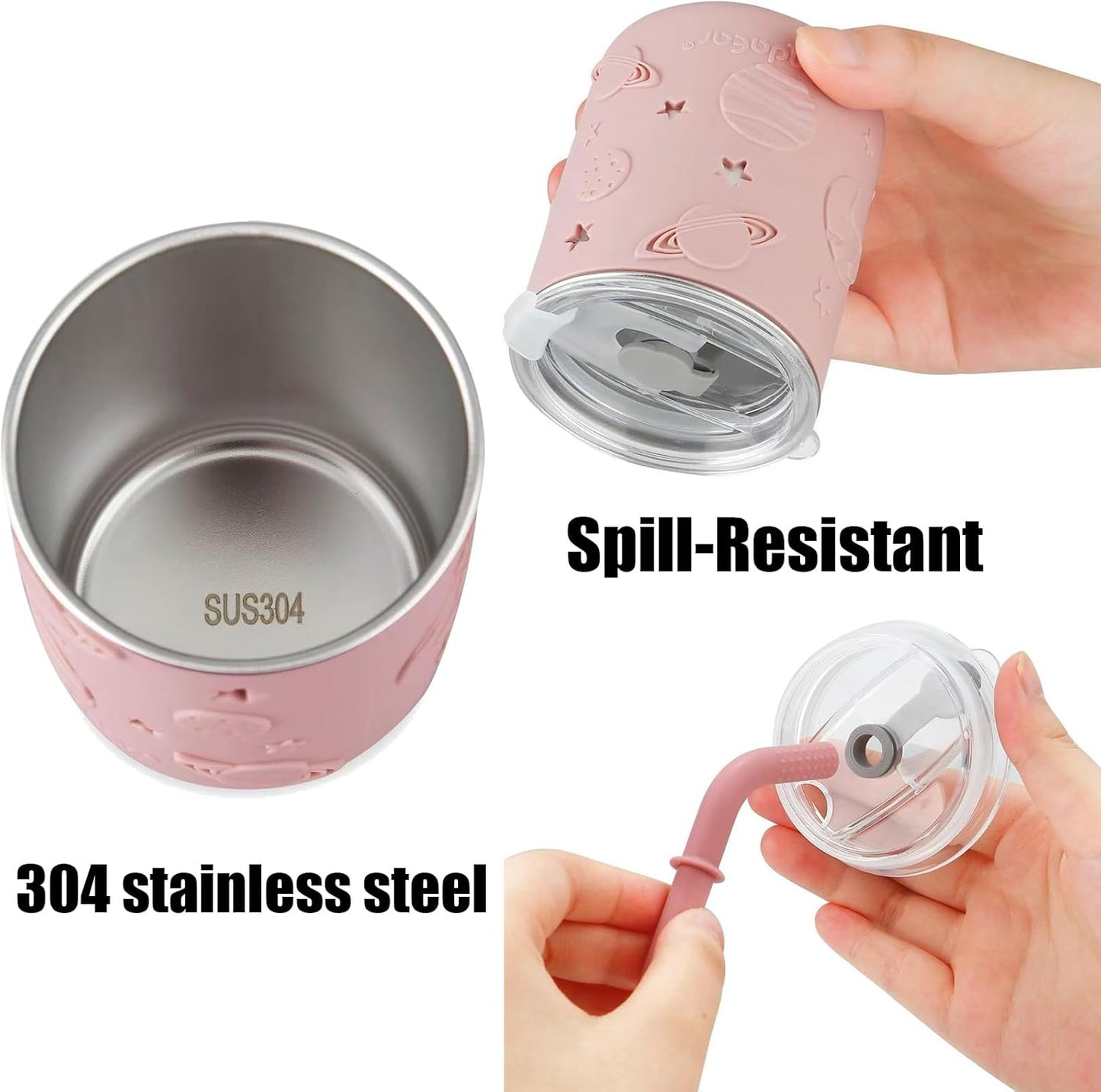 PandaEar Stainless Steel Baby Feeding Set | 2 Divided Suction Plates, 2 Spill-Proof Straw Cups with Silicone Sleeves, 2 Forks & 2 Spoons | Toddler Utensils for Baby Led Weaning, BPA-Free (Pink)