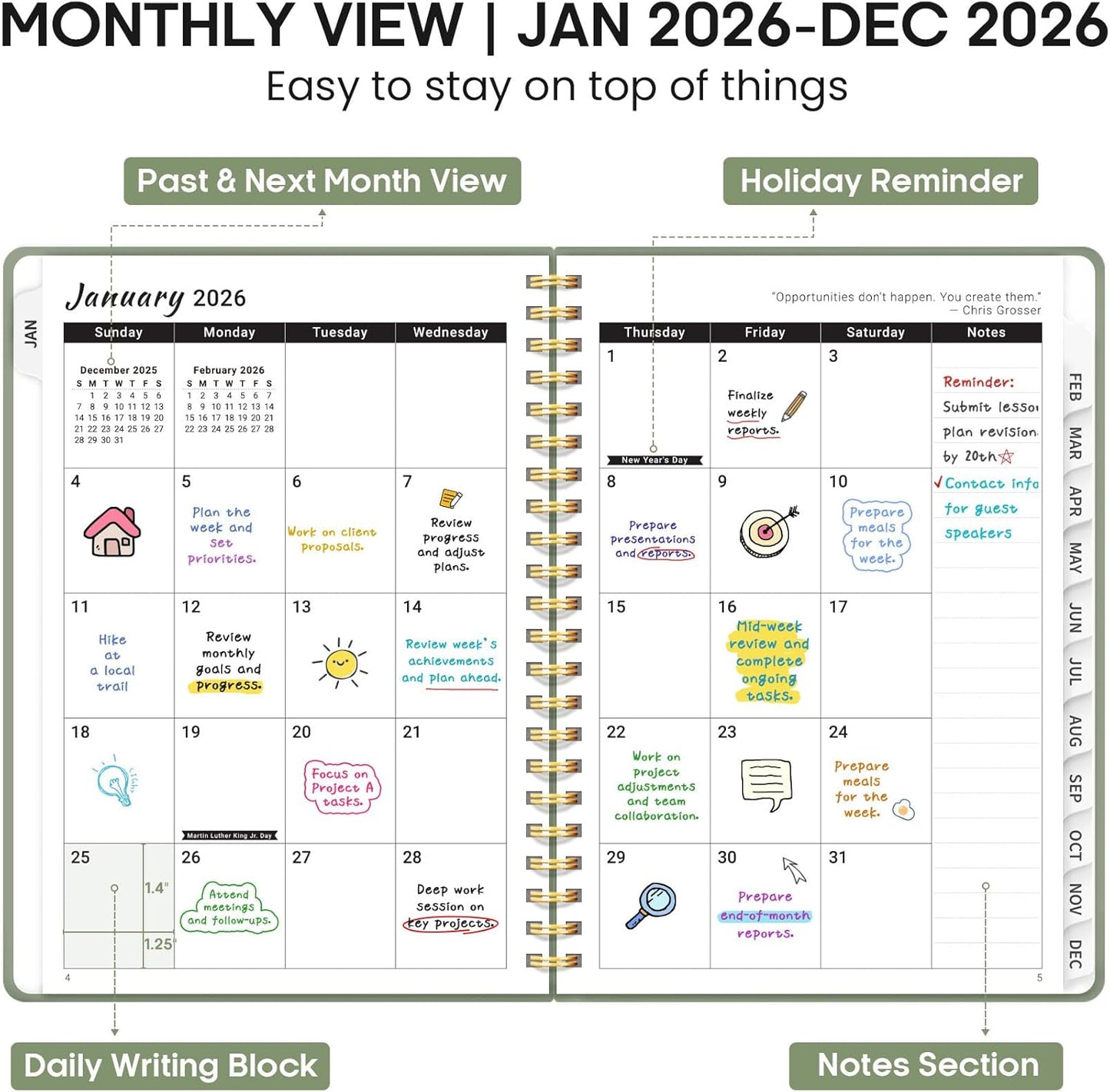 2026 Planner, Weekly and Monthly Calendar Planner Book, January 2026 - December 2026, Hardcover Spiral Planner with Monthly Tabs, Notes Pages, Perfect for Women & Men, A5 (6.4" x 8.5") - Green