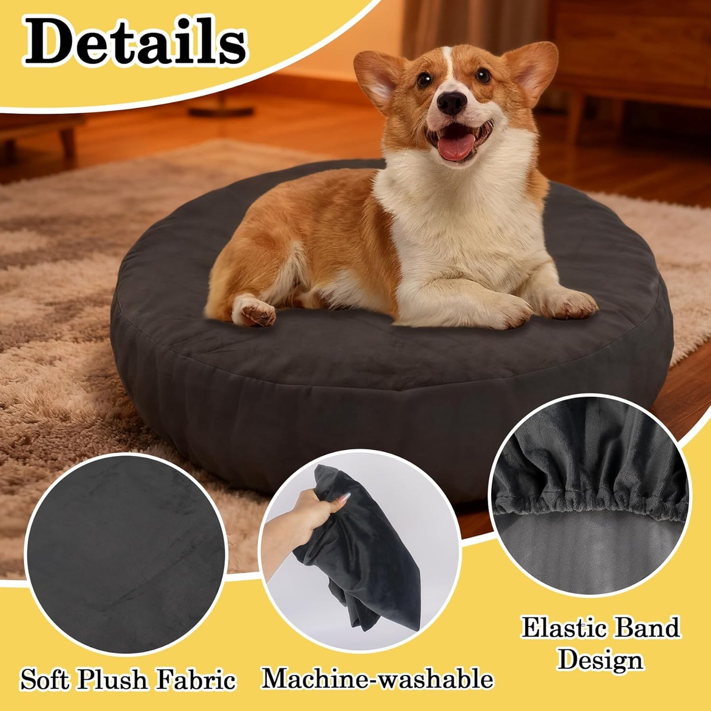 Klmnop Washable Round Dog Bed Cover, 30x30x9.5 Inch Waterproof Replacement Cover with Soft Plush Fabric, Fits Most Round & Donut Dog Beds(Grey)