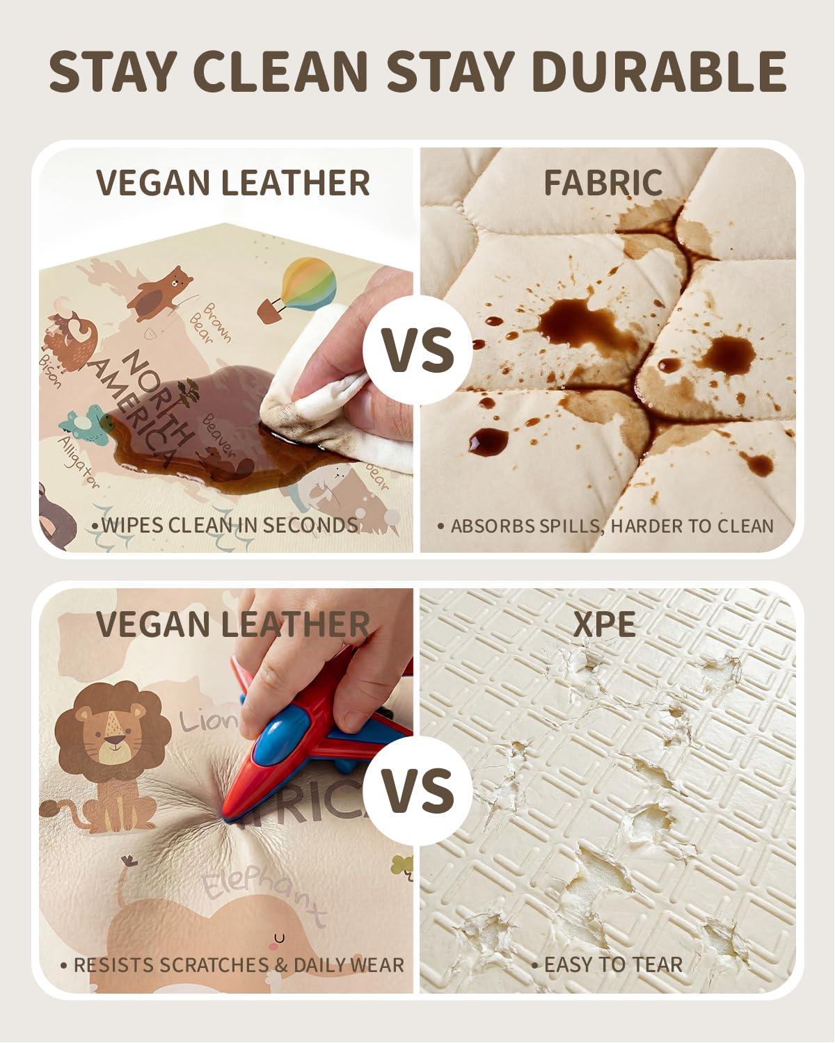Baby Play Mat for Floor 50x50, 1.5” Thick Vegan Leather Crawling Mat with Removable Cover, Waterproof Playpen Mat for Infants and Toddlers, Wipe-Clean Kids Playmat, World Map