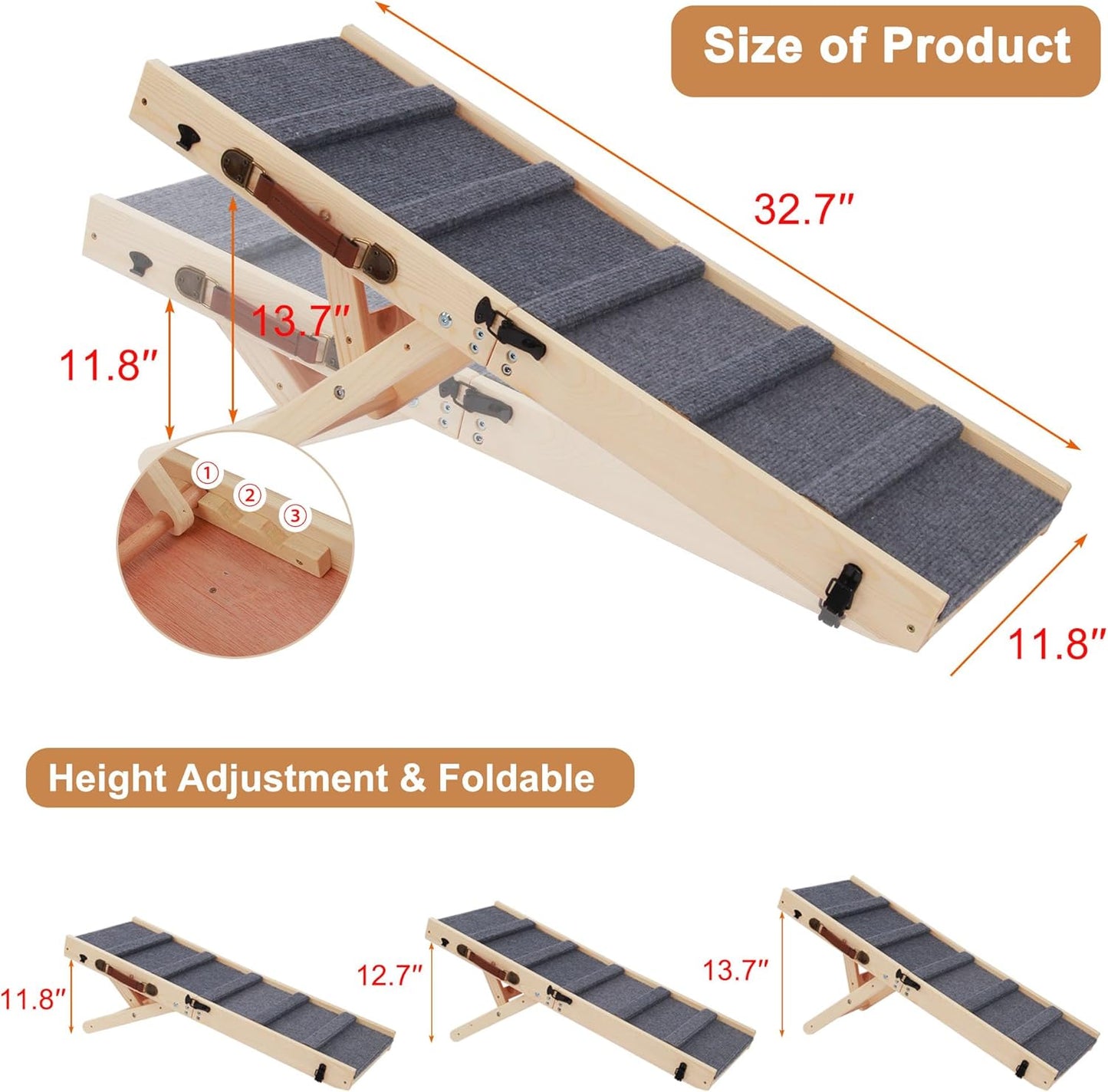 Rockever Dog Ramp, Folding Dog Ramp, Wooden Non-Slip Dog ramp for Couch for Small Medium Old Dogs, Adjustable from 11" to 14" 3 Levels Pet Ramp for Couch, Bed, Car