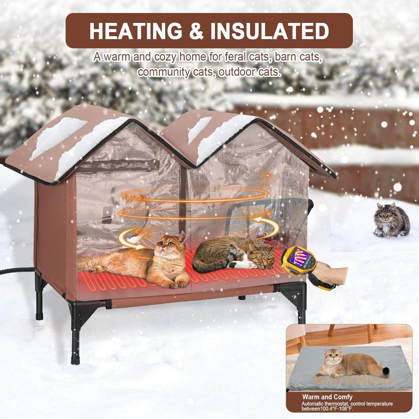 Heated Cat House for Outside Winter, Large Heated Outdoor Cat House Weatherproof, Elevated Bed, Escape Door, Insulated Outdoor Cat Shelter with Heater for Multiple Cats Feral Stray Kitty, Easy Setup