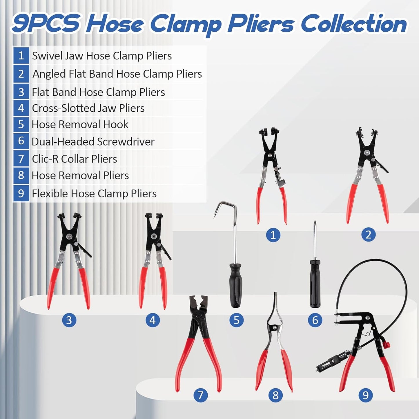9PCS Hose Clamp Pliers Set, Hose Clamp Removal Tool for Automotive, Flexible Removing Clamps Pliers Automotive for Coolant Radiator Heater and Water Hose