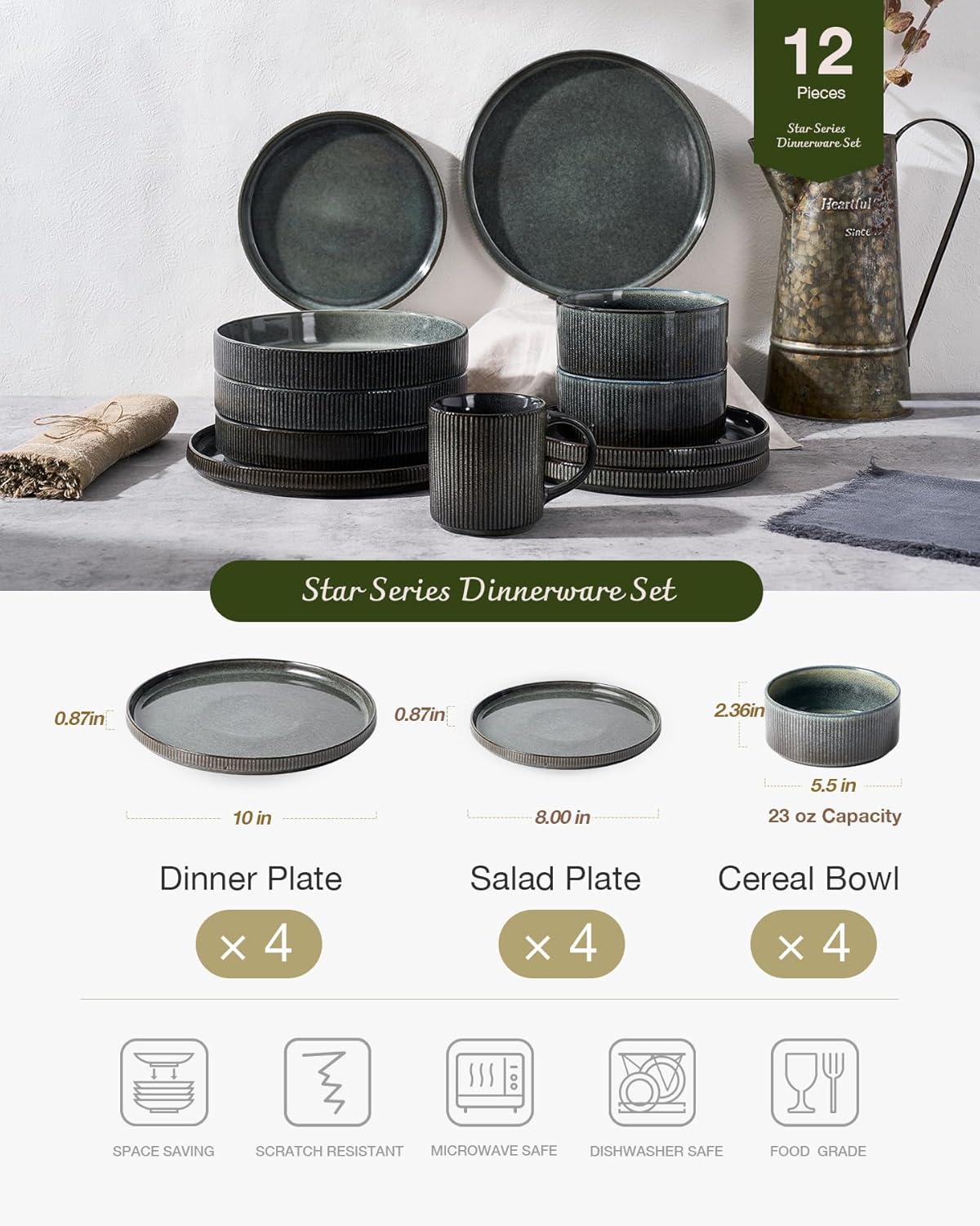 Famiware Star Dinnerware Set, Plates and Bowls Sets for 4 (12pcs), Ribbed Stoneware Dishes - Chip & Scratch Resistant, Microwave & Dishwasher Safe, Deep Forest