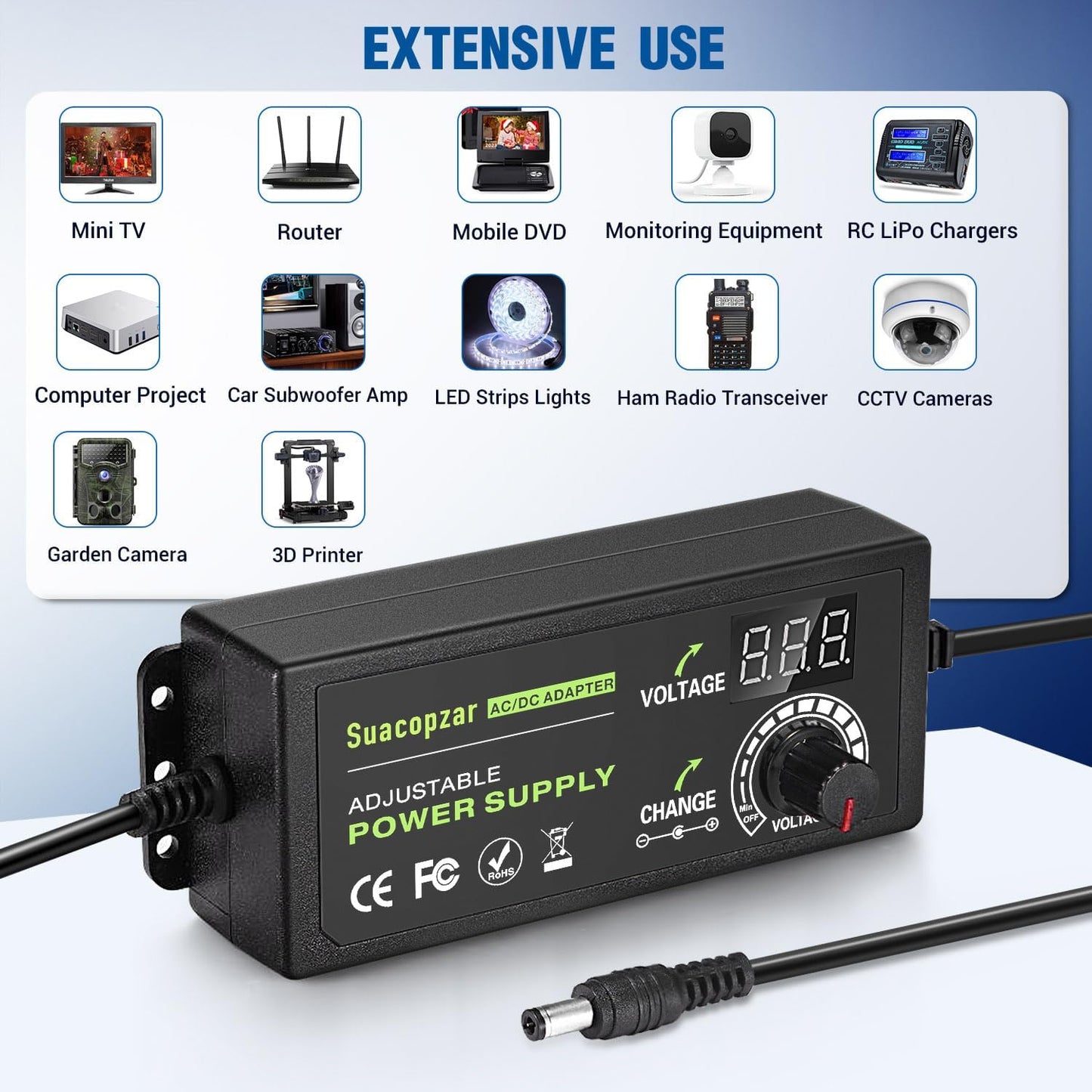 60W Power Supply Adjustable DC 3V ~ 12V 5A, Variable Universal Switching AC/DC Adapter with LED Display, 100V-240V AC to DC Converter with 5.5x2.1mm & 5.5x2.5mm, Variable Adapter for LED Strip Light