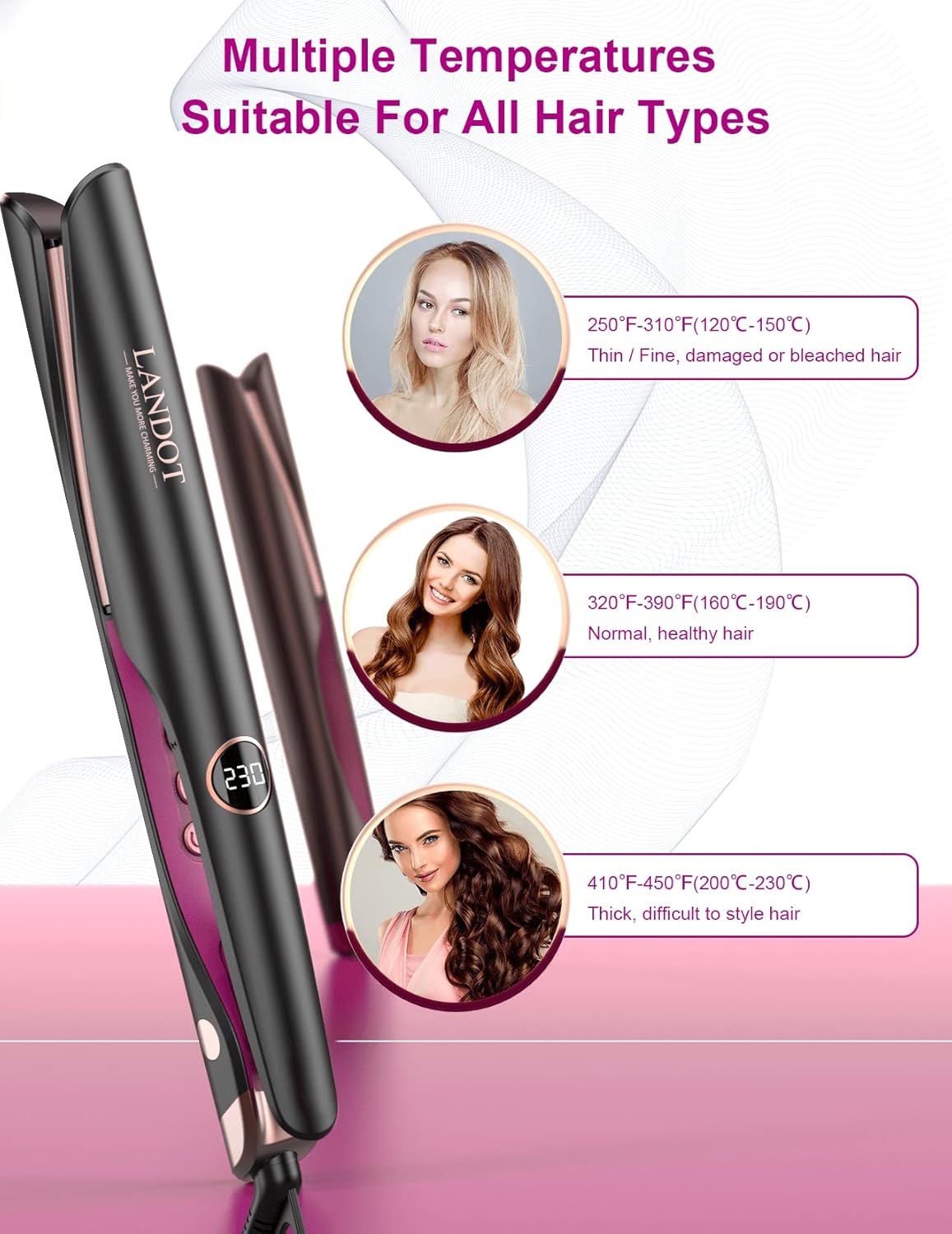 LANDOT 2-in-1 Hair Straightener Curling Iron - Twist Floating Plates for Curl & Straight, Anti-Frizz & Tangle-Free, Dual Voltage Adjustable Temp 250-450°F for All Hair Types