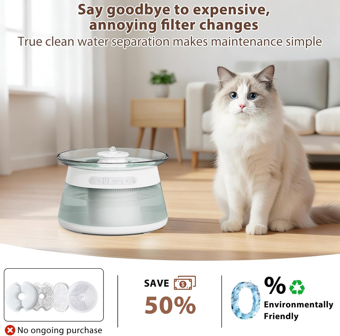 GJEASE Glass Smart Pet Water Fountain,Cat Drinking Water Fountain Bowl No Filter,Battery Operated Filterless Pet Water Fountain