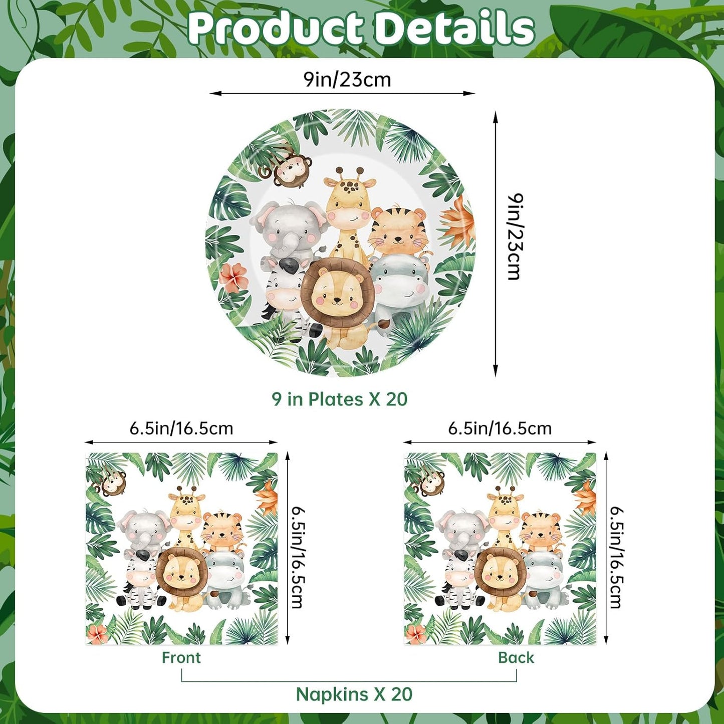 40 Pcs Jungle Animals Party Decorations - Safari Animal Plates and Napkins, Wild Animals Paper Plates Napkins Disposable Tableware Set for Baby Shower Zoo Birthday Party Supplies Favors, Serves 20
