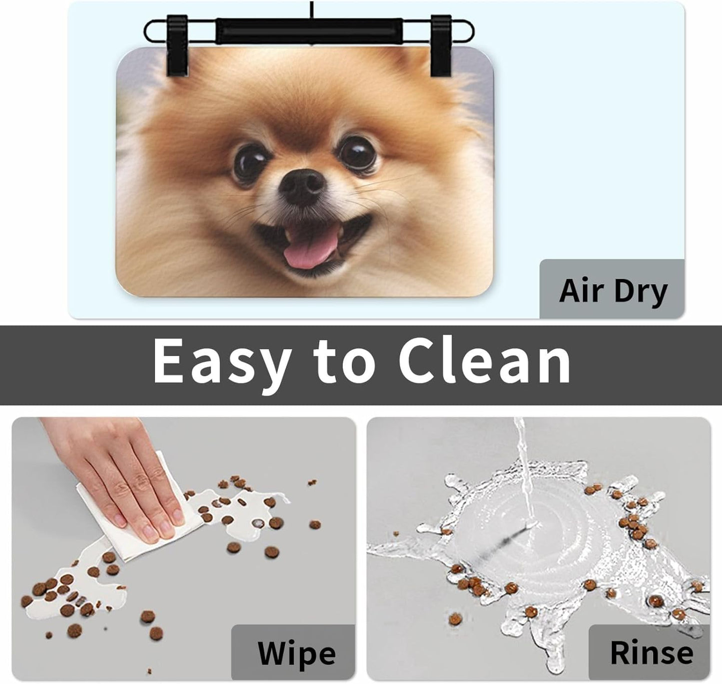Cute Pomeranian Pet Feeding Mat 40x60cm Absorbent Leather Dog Cat Food Mats Non-Slip Dog Bowl Mats for Food and Water, Quick Dry Pets Placemats for Cats and Dogs Water Bowl