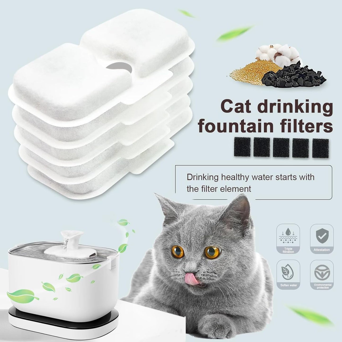 8 Packs Replacement Filters and 8 Pack of Sponges Compatible with PETLIBRO Capsule Pet Water Fountain PLWF005/PLWF115/WF106