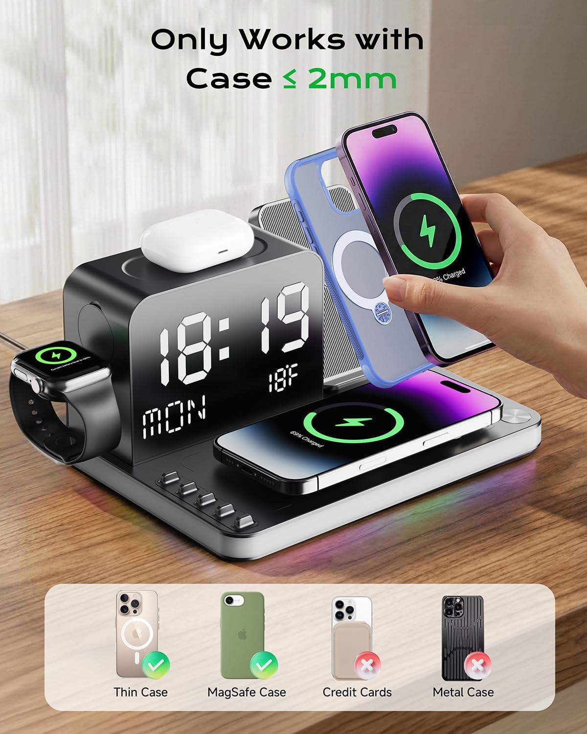 acer 7-in-1 Wireless Charging Station: Charger Stand for Multiple Devices for Apple - iPhone 16 15 14 13 12 Pro Max Apple Watch Airpods, Wireless Charger iPhone Charging Station with Bluetooth TimeSyn