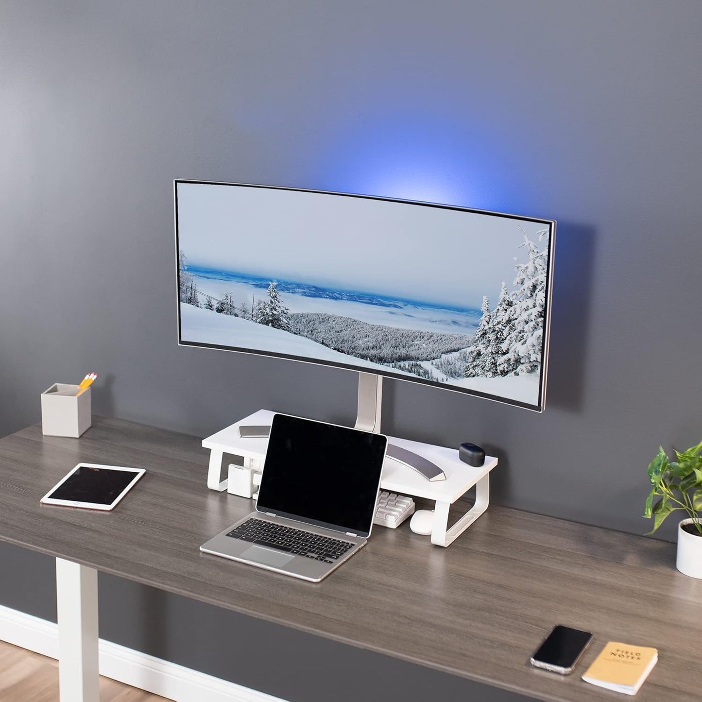 VIVO 24 inch Monitor Stand, Wood & Steel Desktop Riser, Screen, Keyboard, Laptop, Small TV Ergonomic Desk and Tabletop Organizer, White, STAND-V000D-W